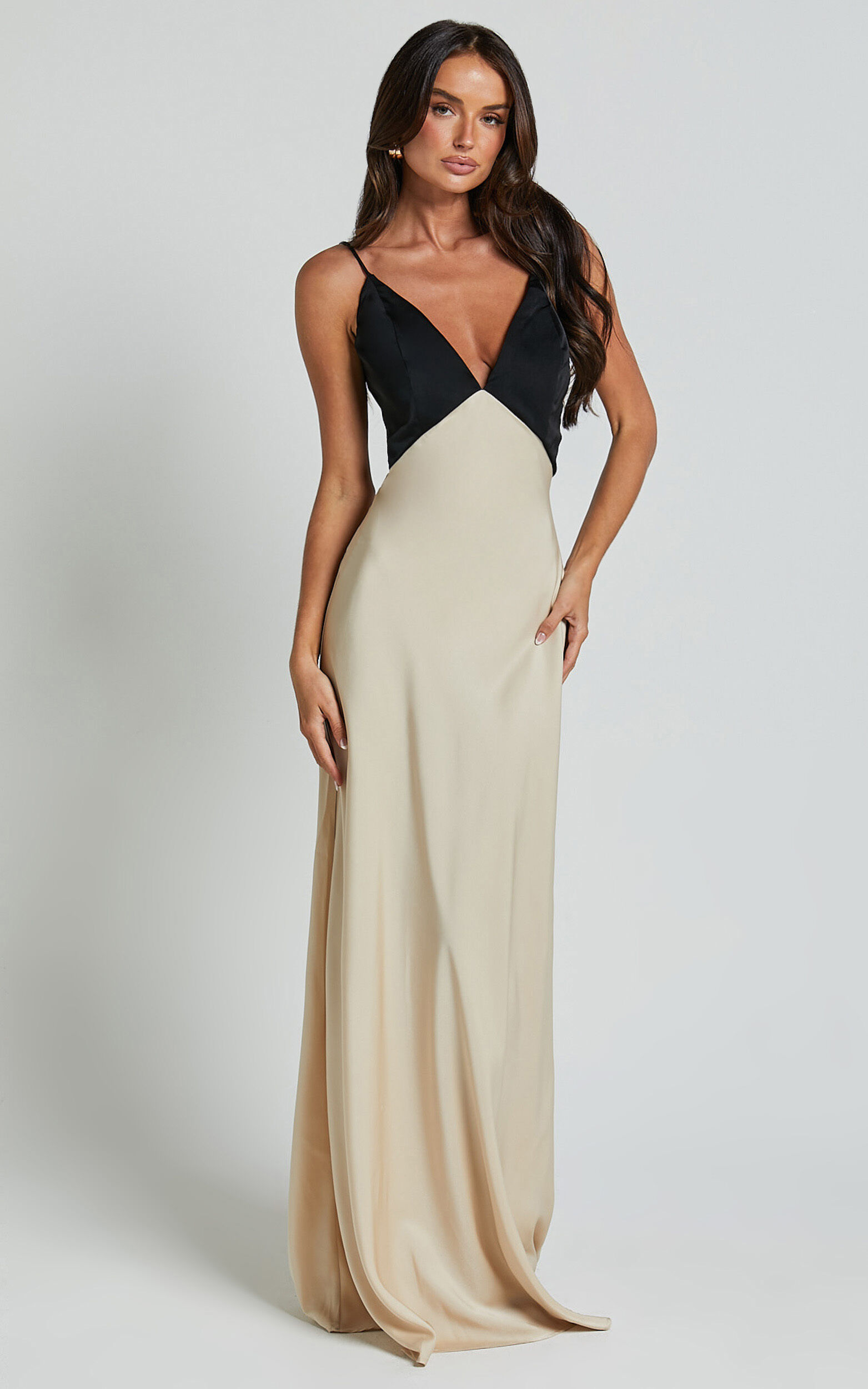 Quincy Maxi Dress - Satin Slip Dress in Black/Champagne