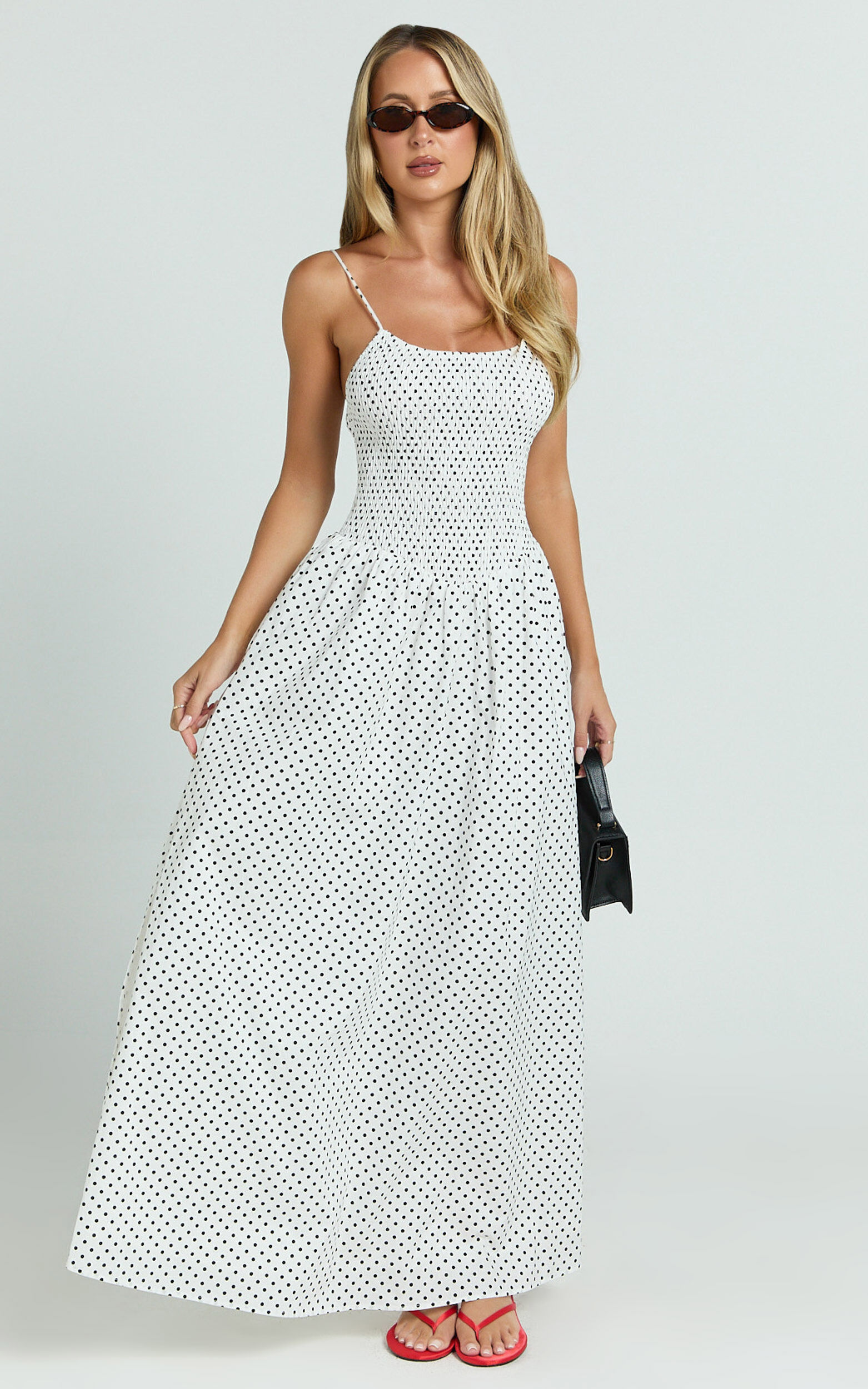 Doris Maxi Dress - Strappy Fit and Flare Maxi Dress in White Polkadot