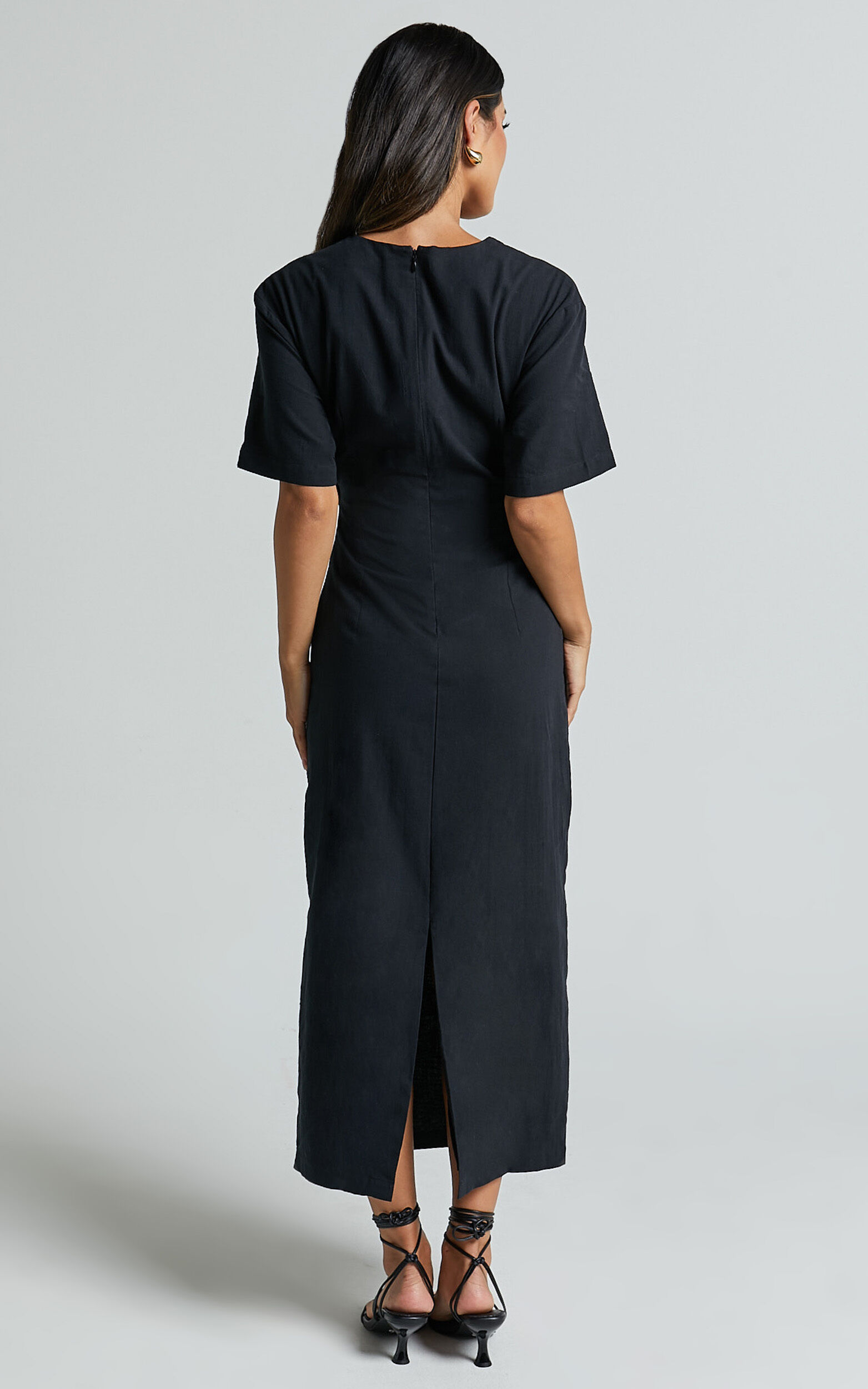 Sharon Midi Dress - Plunge Neck Short Sleeve Front Cut Out Dress in Black