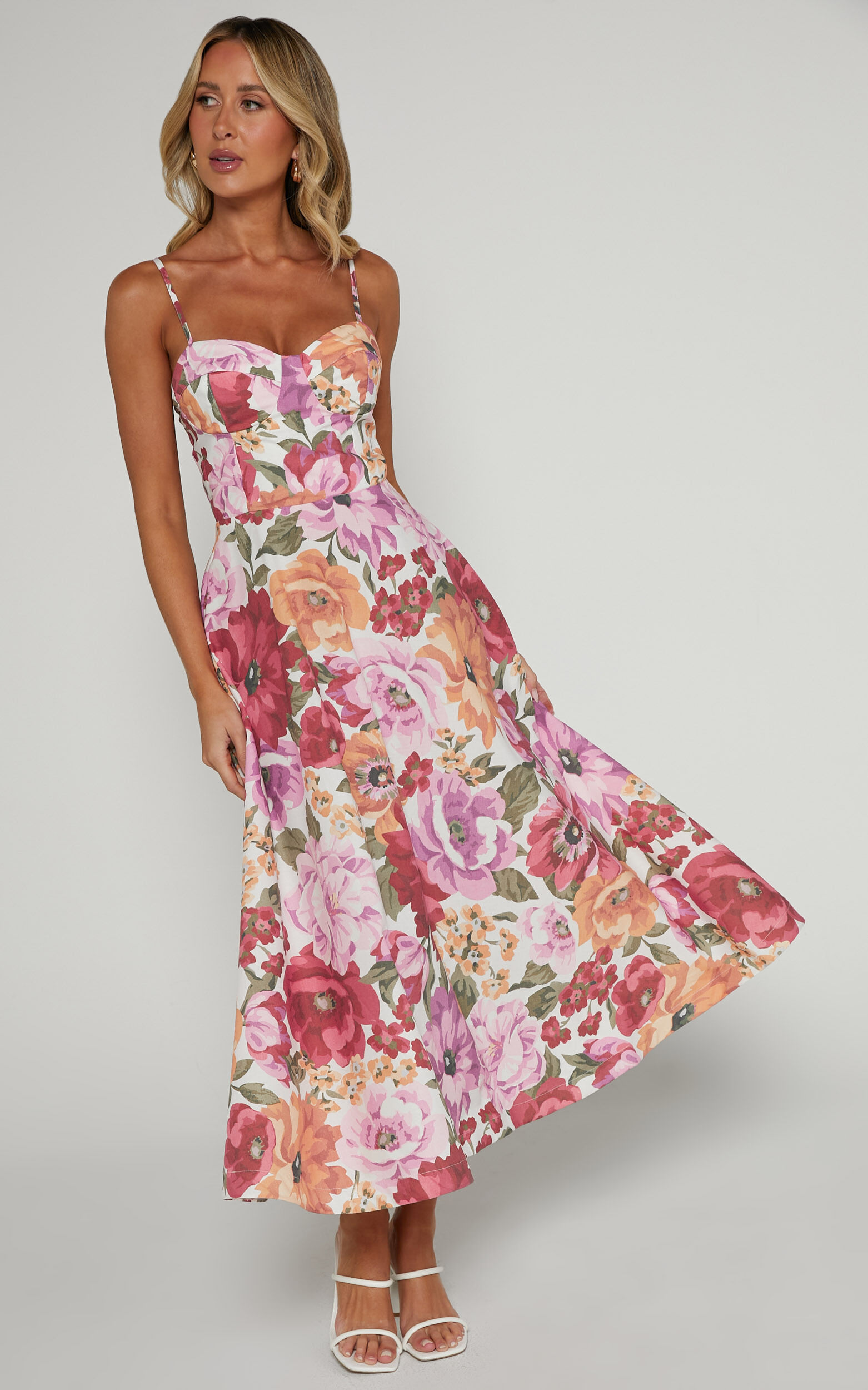 Robertson Midi Dress - Strappy Sweetheart Bustier Flare Dress in Spring Floral