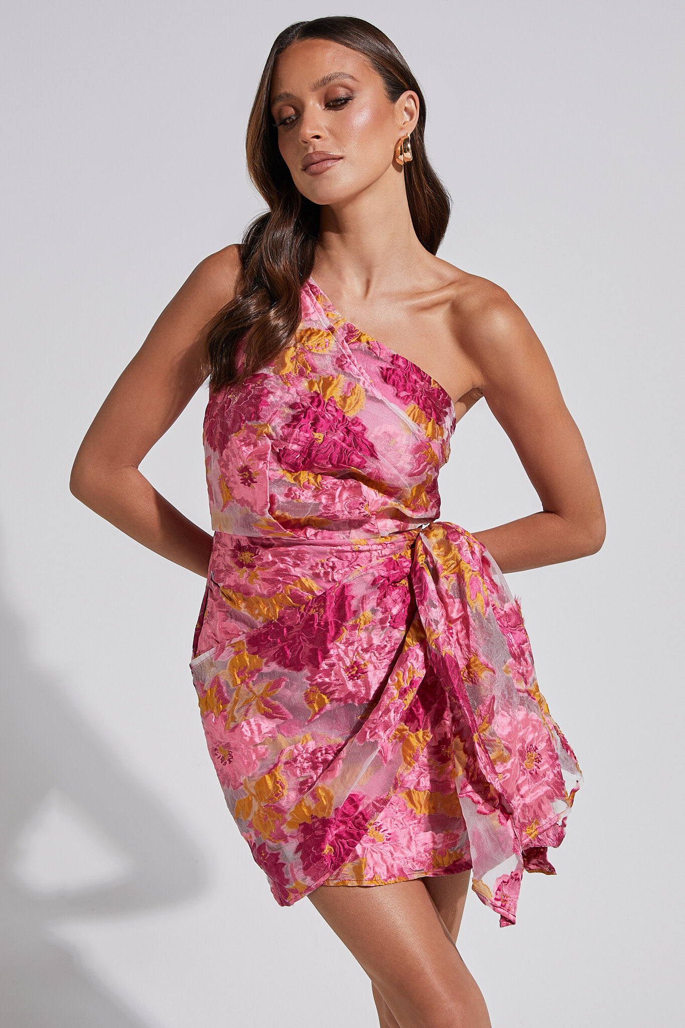 Brailey Mini Dress - One Shoulder Wrap Front Dress in Pink Jacquard
