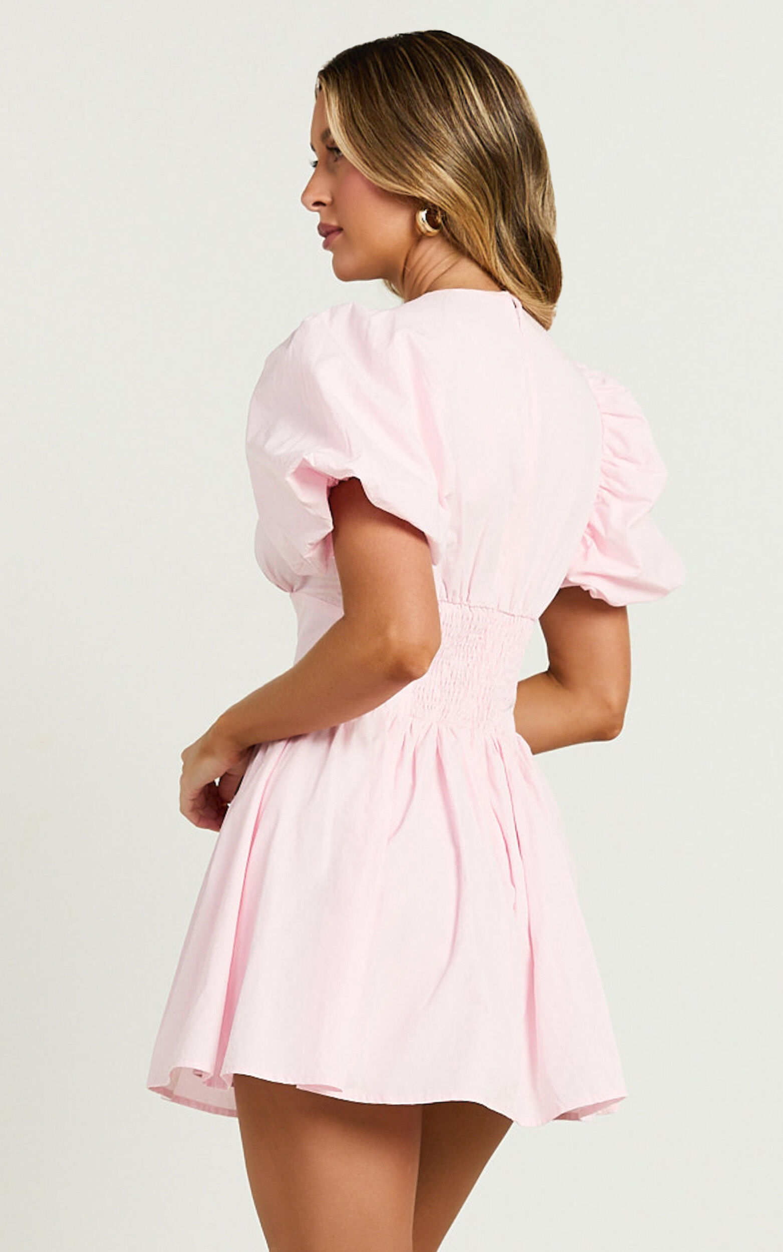 Nelli Mini Dress - Short Puff Sleeve Shirred Back Dress in Baby Pink