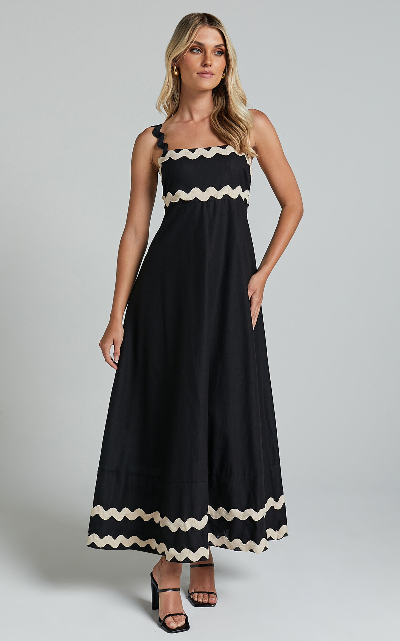 Wenalyn Midi Linen Dress - Straight Neck Wave Detail A Line Dress in Black with Beige Contrast Trim
