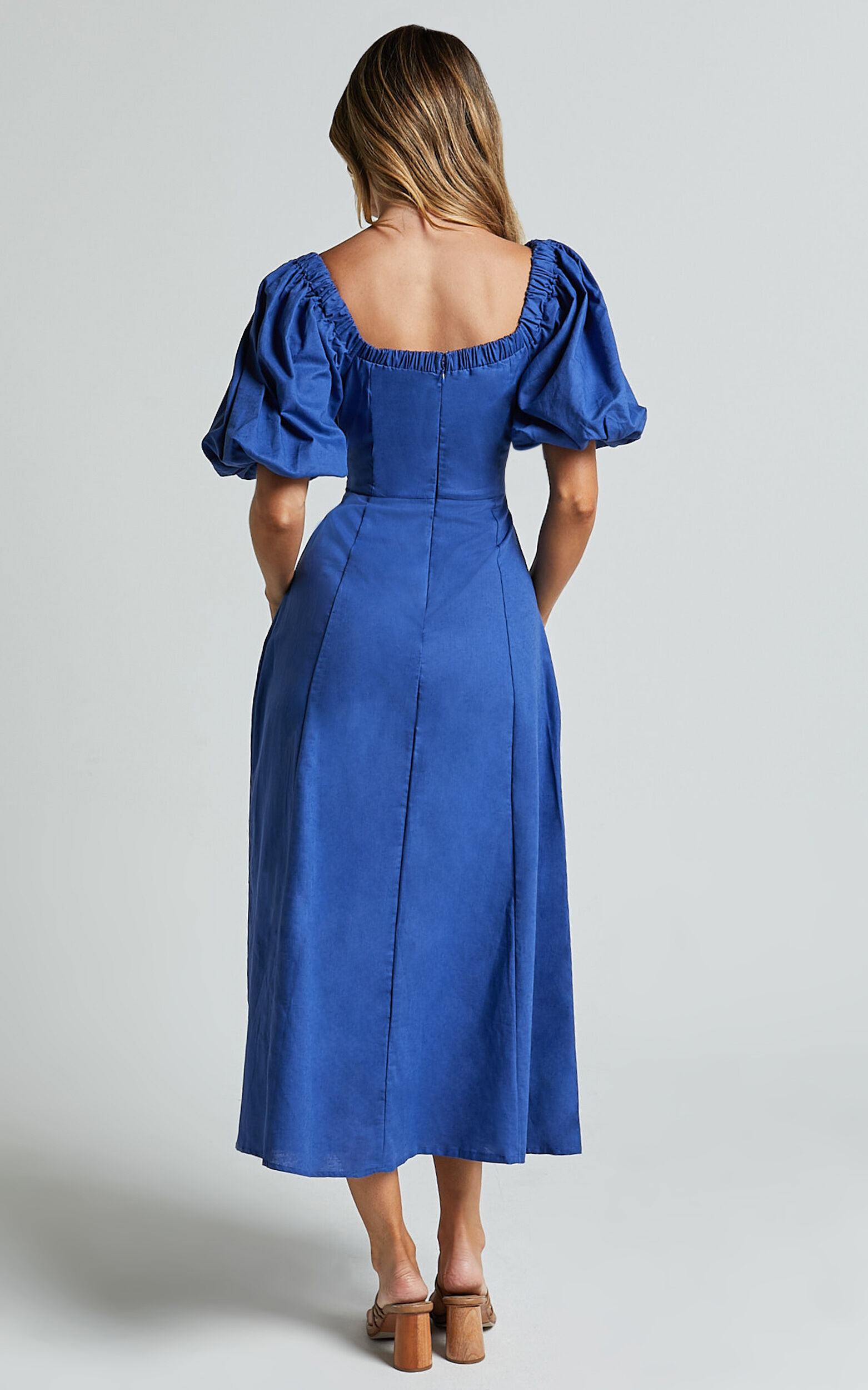 Amalie The Label - Janae Linen Blend Puff Sleeve Cut Out Midi Dress in Blue