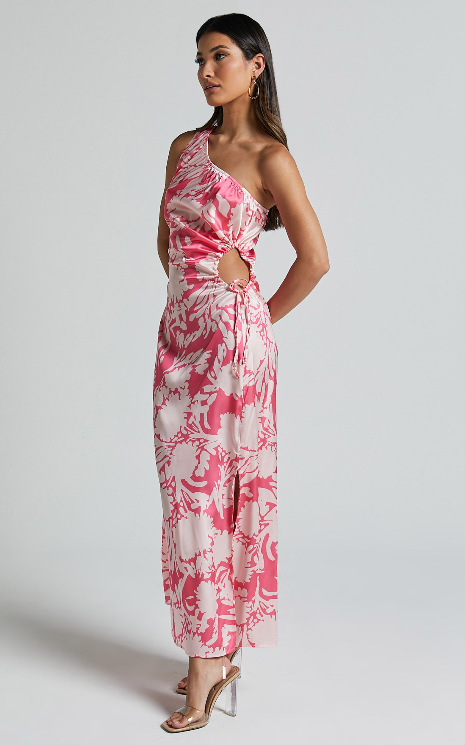 Elycia Midi Dress - One Shoulder Side Cut Out Dress in Pink Floral