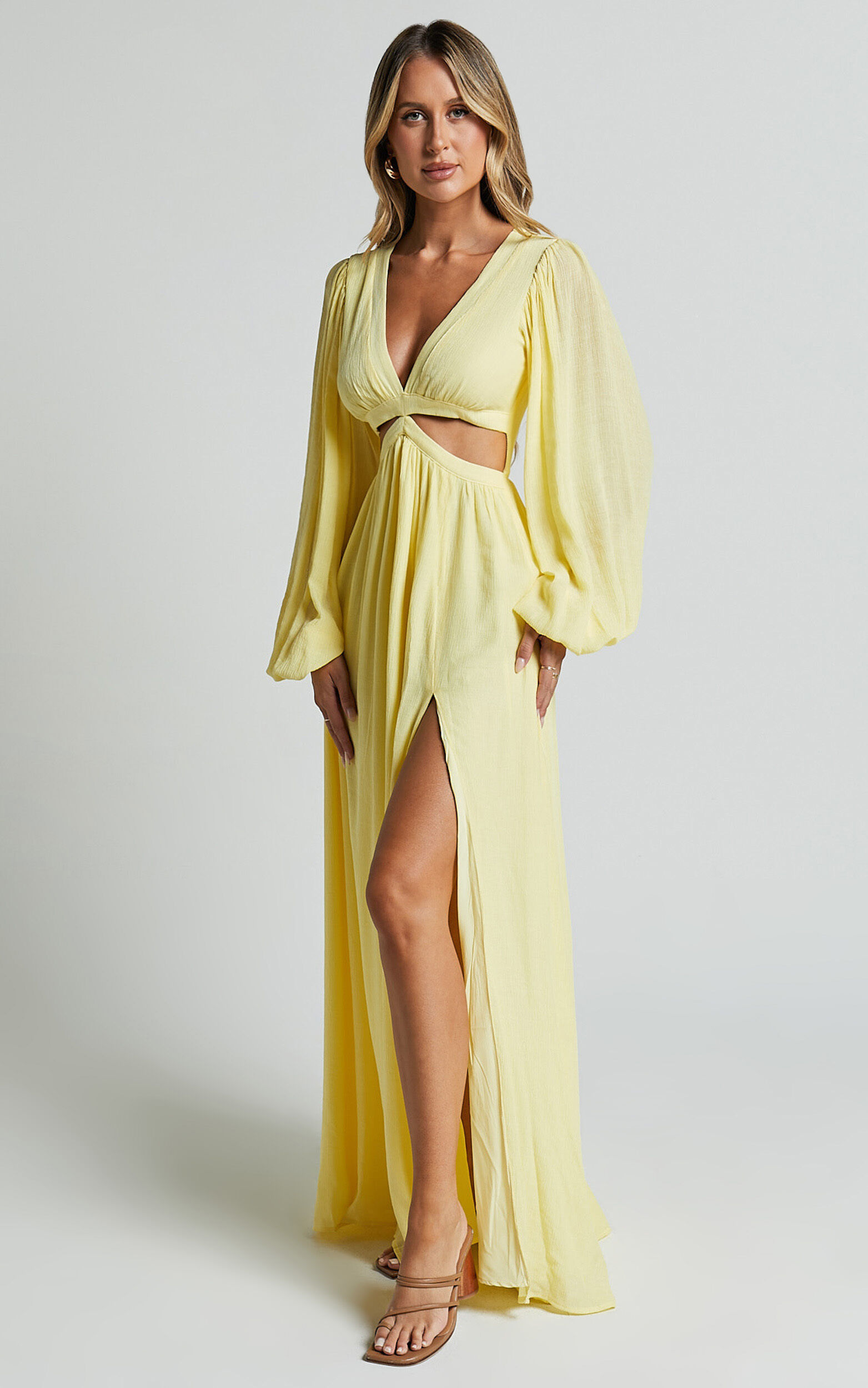 Paige Maxi Dress - Side Cut Out Balloon Sleeve Dress in Lemon