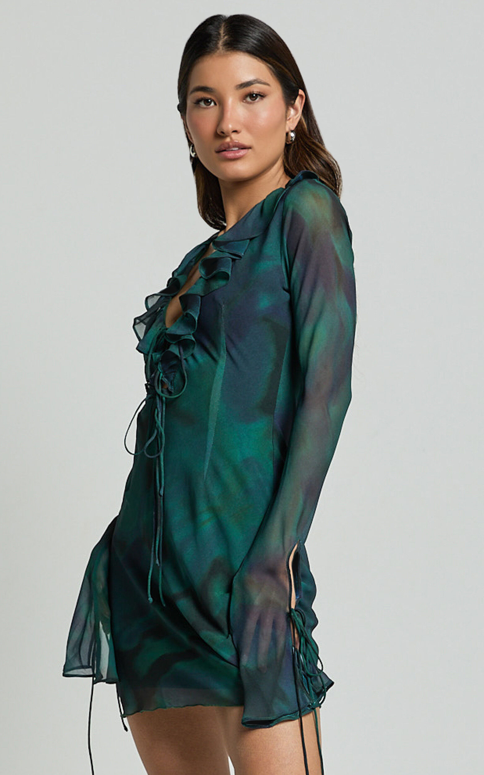 Alesya Mini Dress - Ruffle Plunge Neck Long Sleeve Tie Detail Dress in Moss Adeana