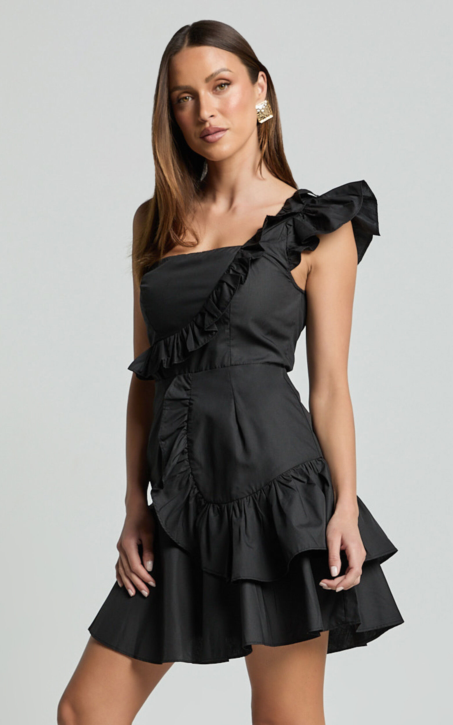 Valerie Mini Dress - One Shoulder Ruffle Detail A Line Dress in Black