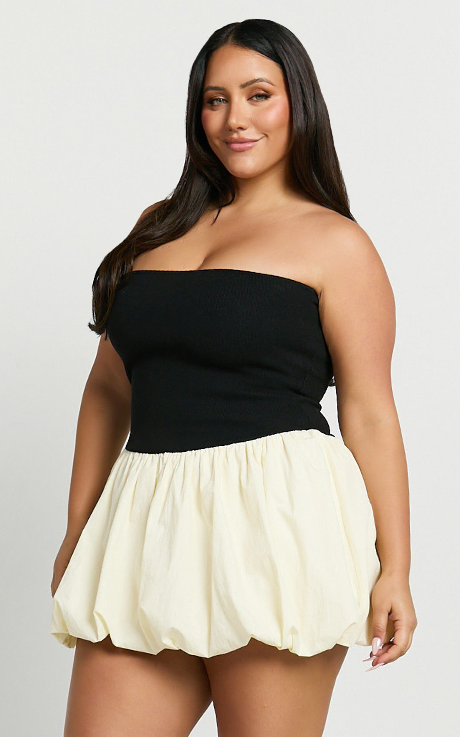 Harley Mini Dress - Strapless Drop Waist Bubble Hem Contrast Dress in White/Black