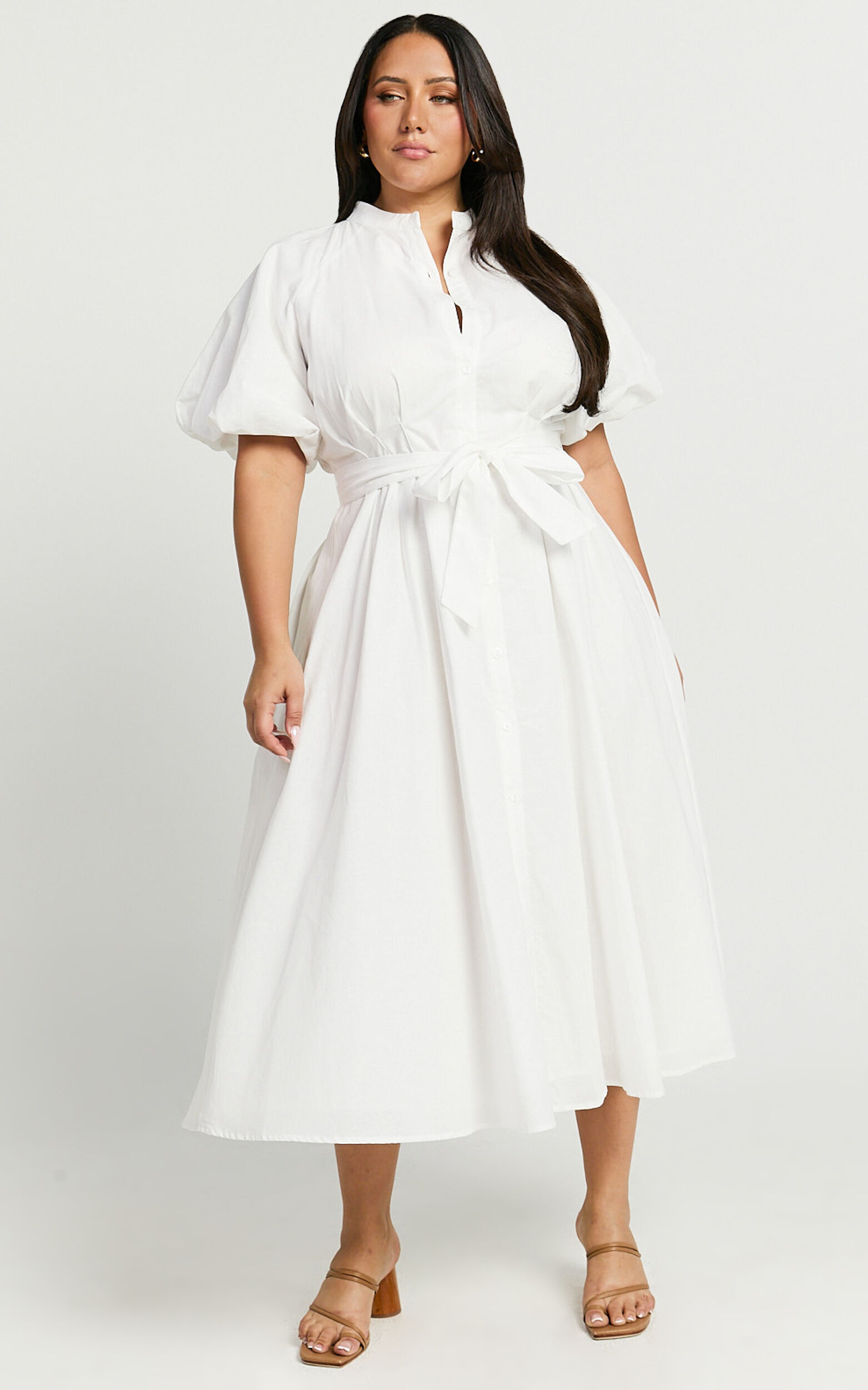 Sabrina Midi Dress - Linen Raglan Sleeve Belted Dress in White