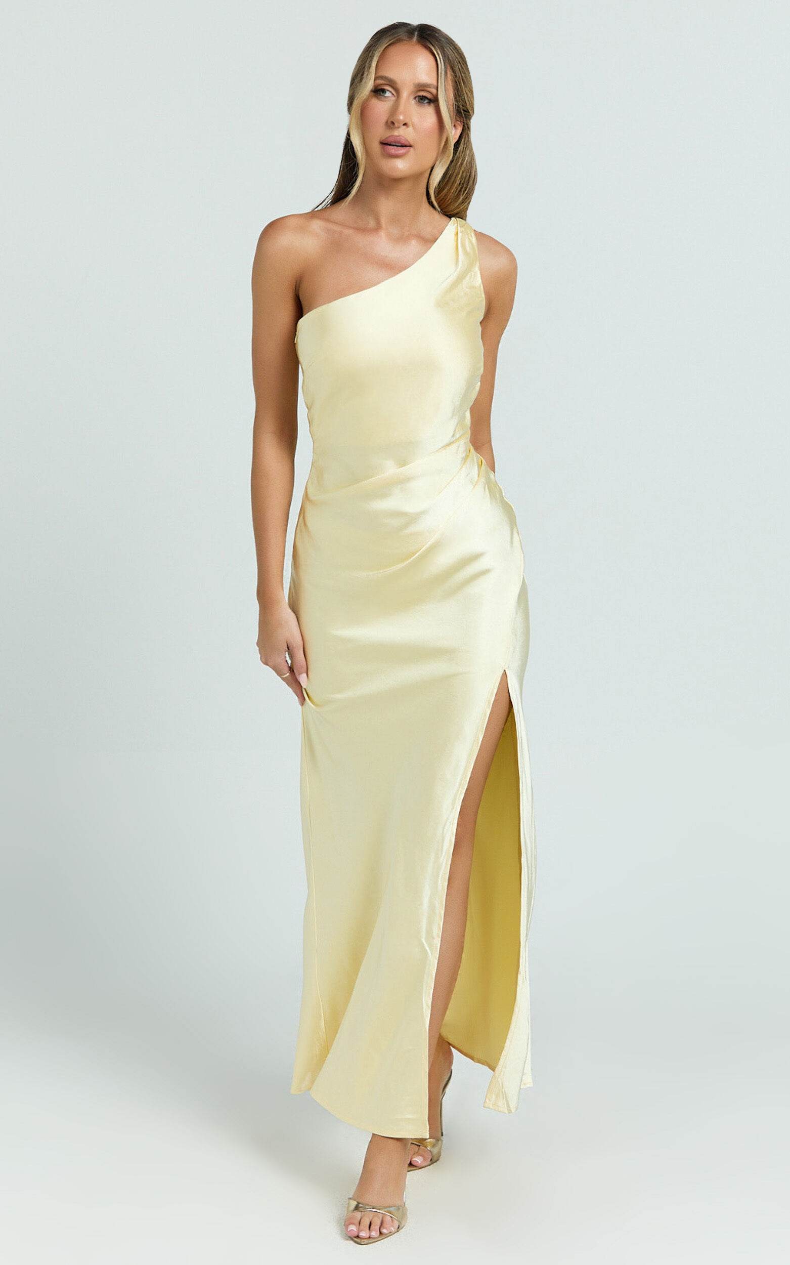 Isla Maxi Dress - Satin One Shoulder Side Split Dress in Lemon