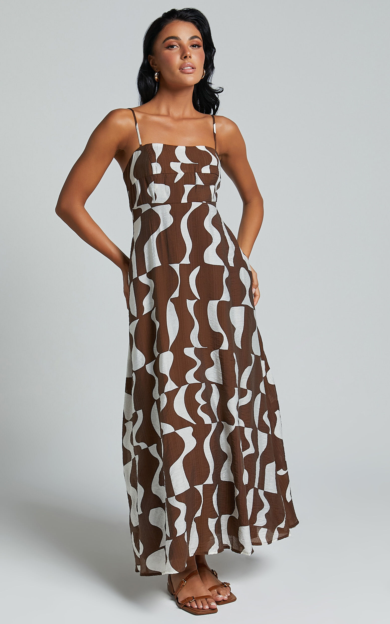 Elisabetta Midi Dress - Empire Waist A Line Dress in Chocolate Mono Wave