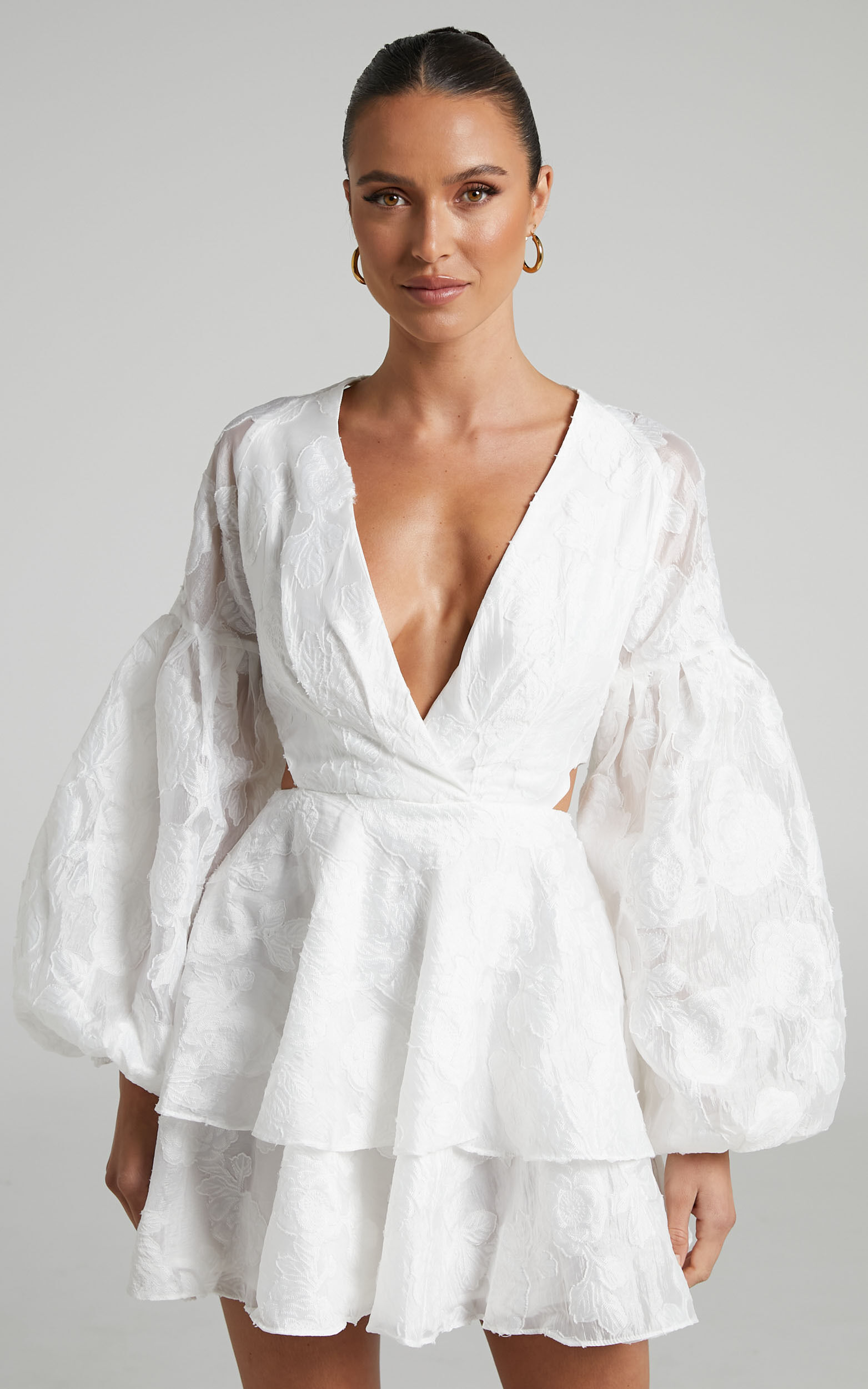 Allea Mini Dress - V Neck Balloon Sleeve Tiered Jacquard Dress in White