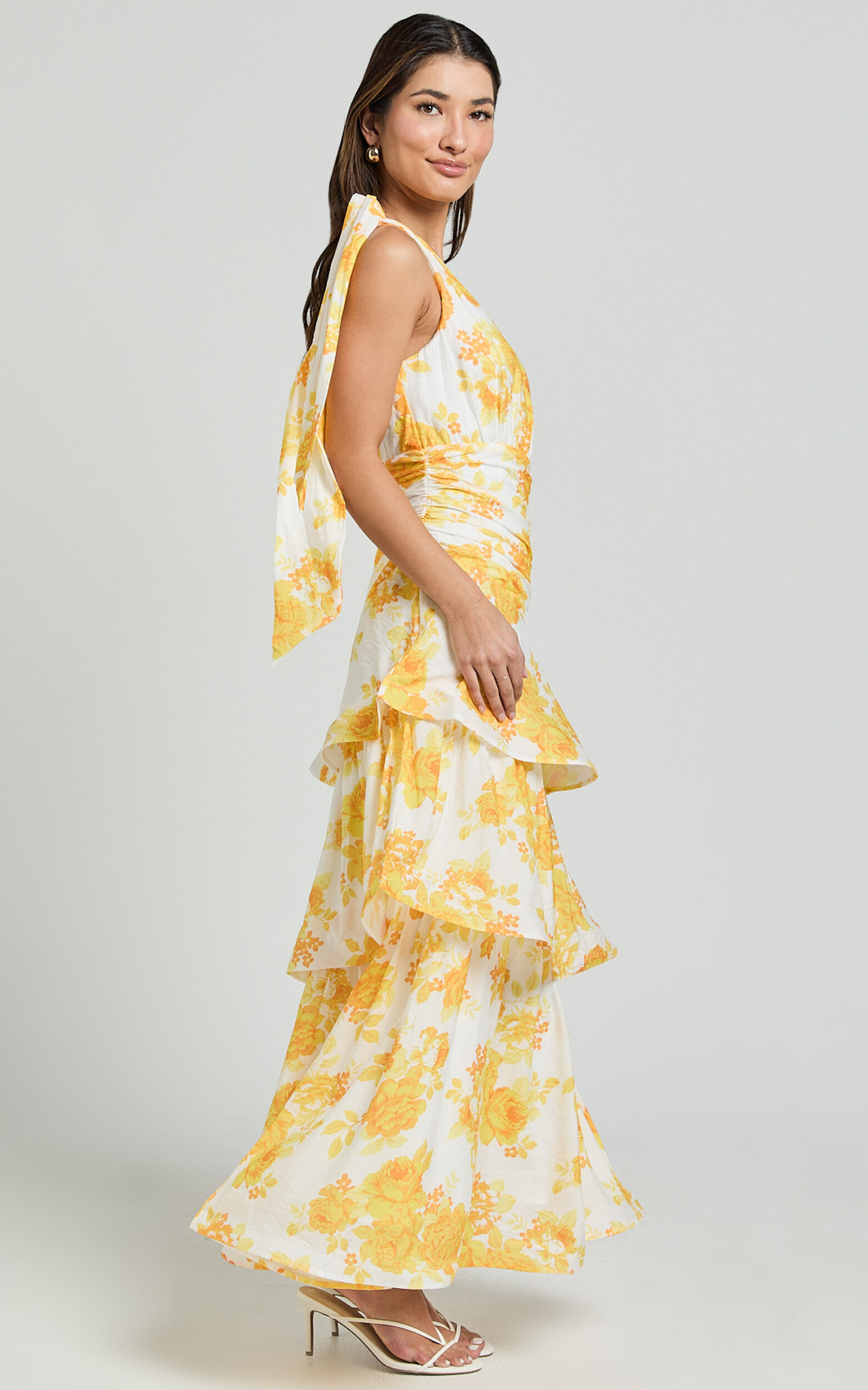 Krissy Midi Dress - Asymmetrical Tie Shoulder Layered Dress in Yellow Floral