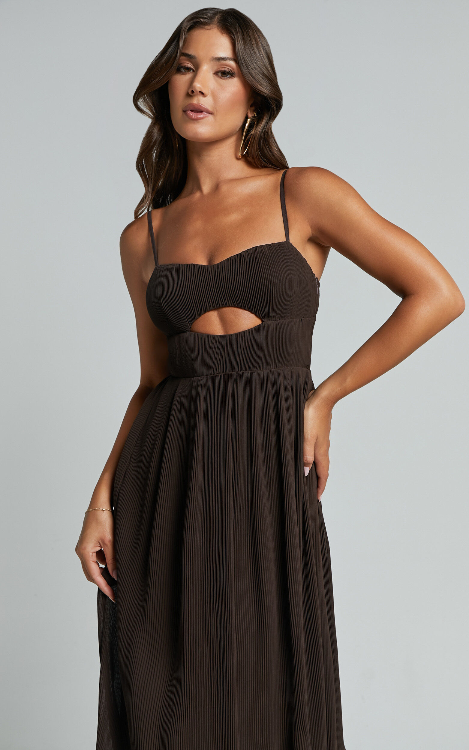 Ezri Midi Dress - Strappy Cut Out Pleated A Line Dress in Chocolate