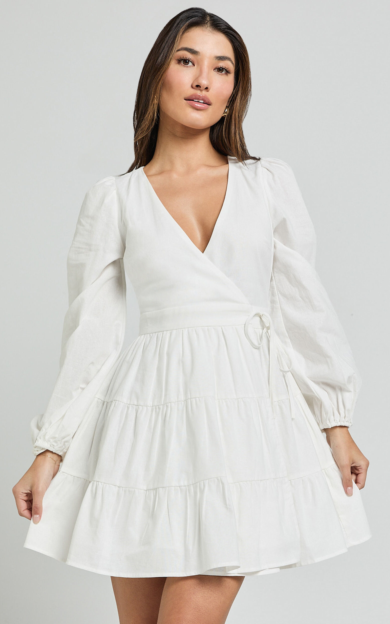 Brenda Mini Dress - Long Puff Sleeve Wrap Linen Blend Dress in Ivory