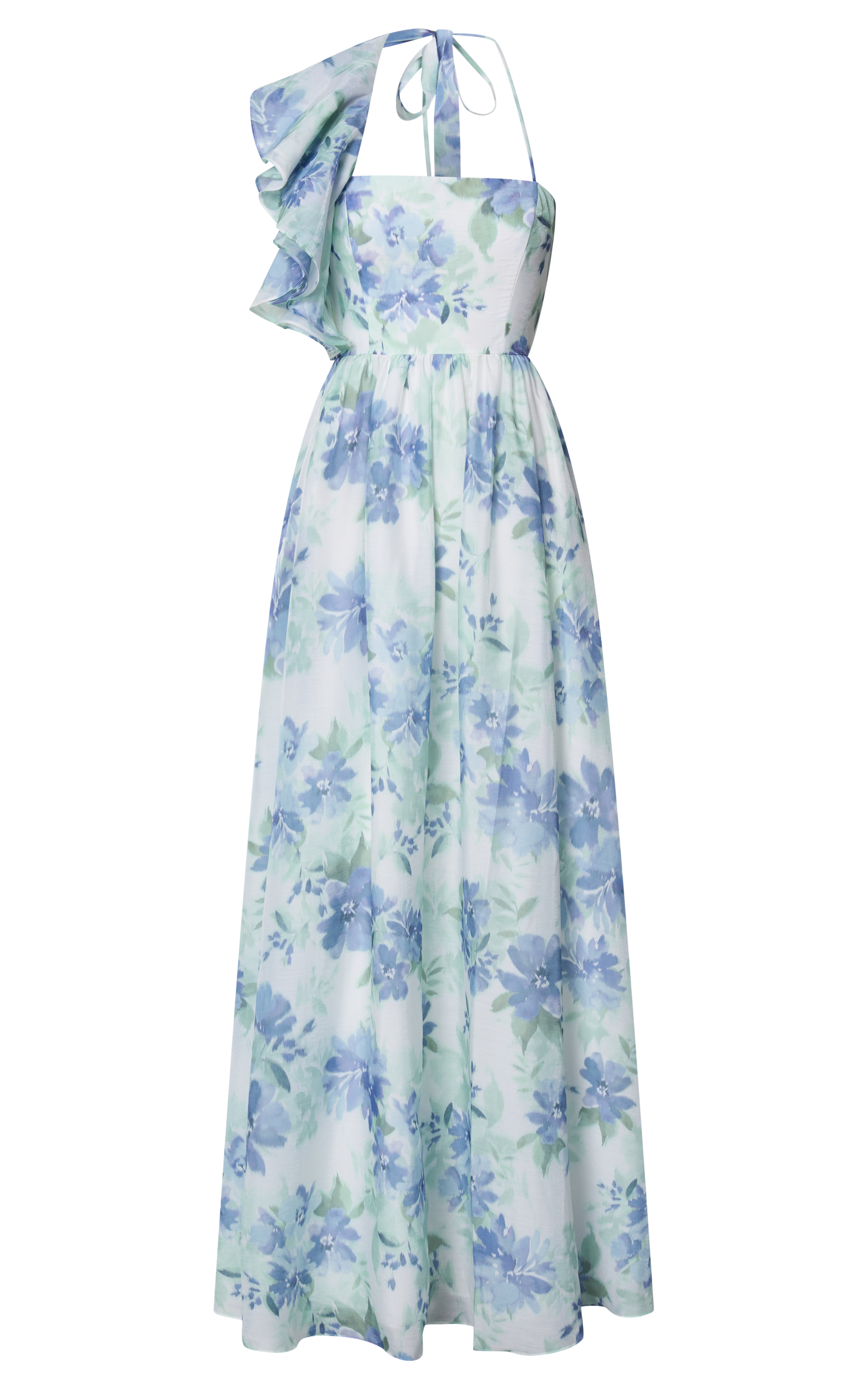 Amalie The Label - Fleur Halter Ruffle Detail A Line Maxi Dress in Elysian Print