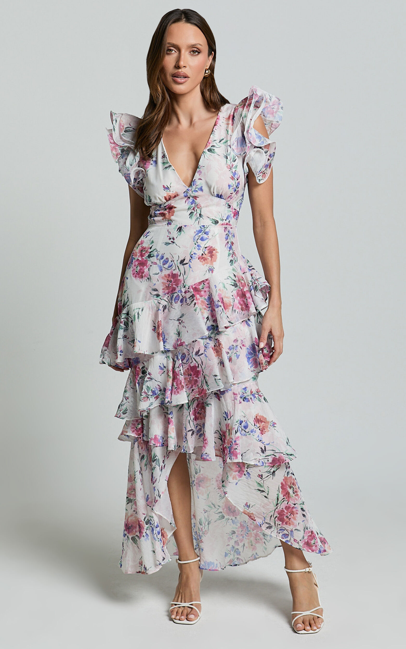 Amalie The Label - Sienah Ruffle Sleeve Tiered Midi Dress in Delhia Floral Print