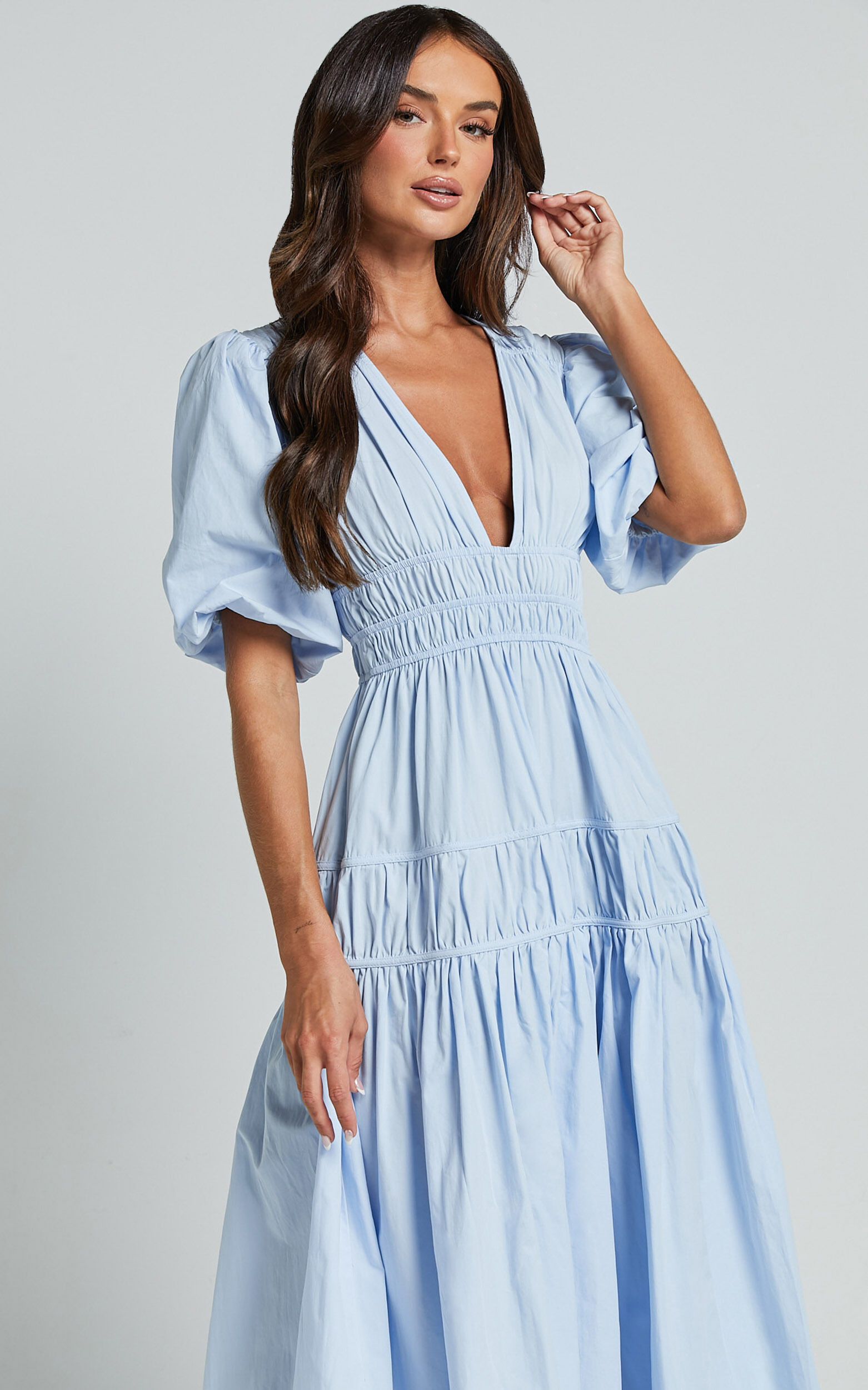 Mellie Midi Dress - Puff Sleeve Plunge Tiered Dress in Soft Blue