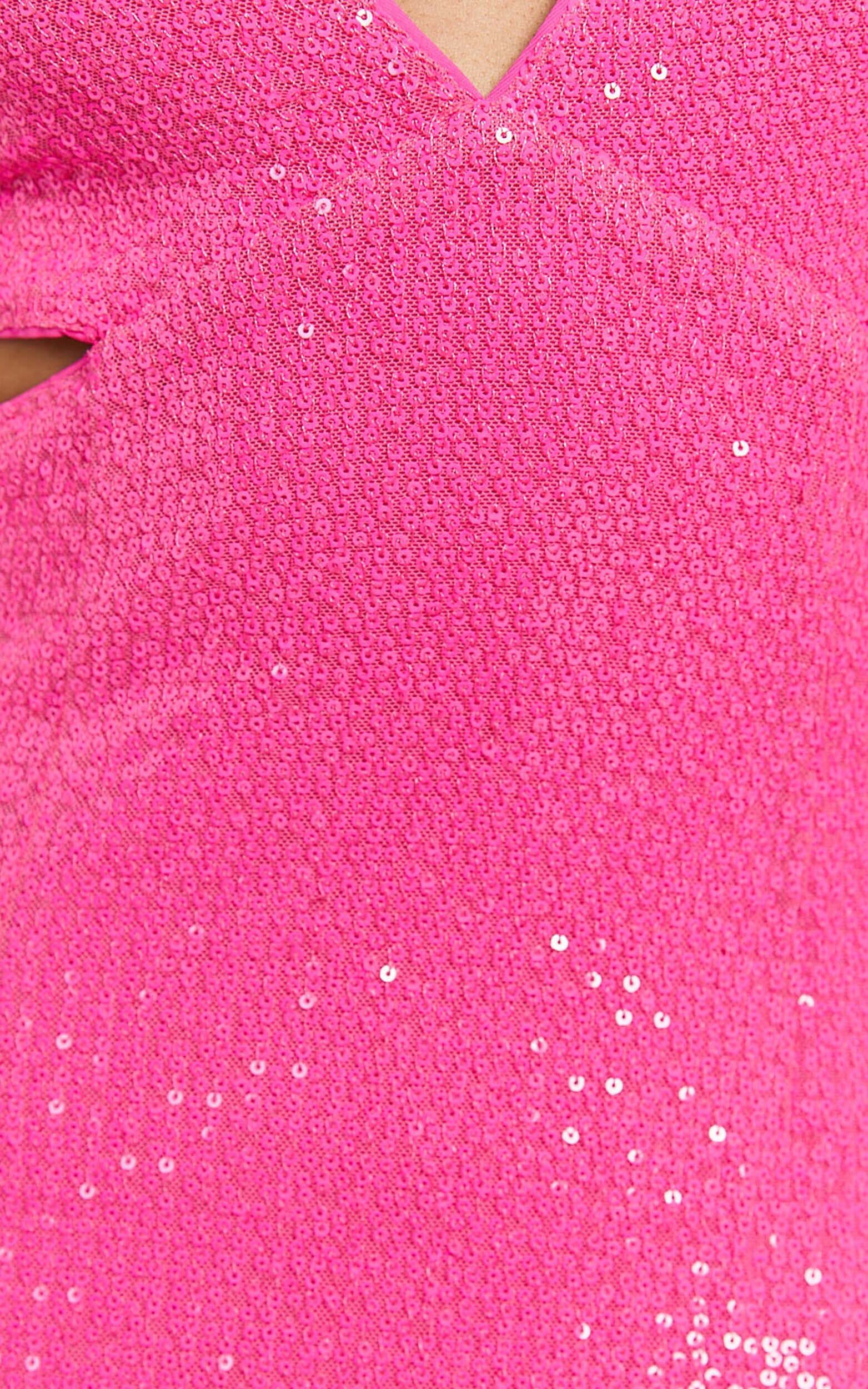 Nerissa Maxi Dress - Sequin Plunge Cut Out Thigh Split Dress in Hot Pink