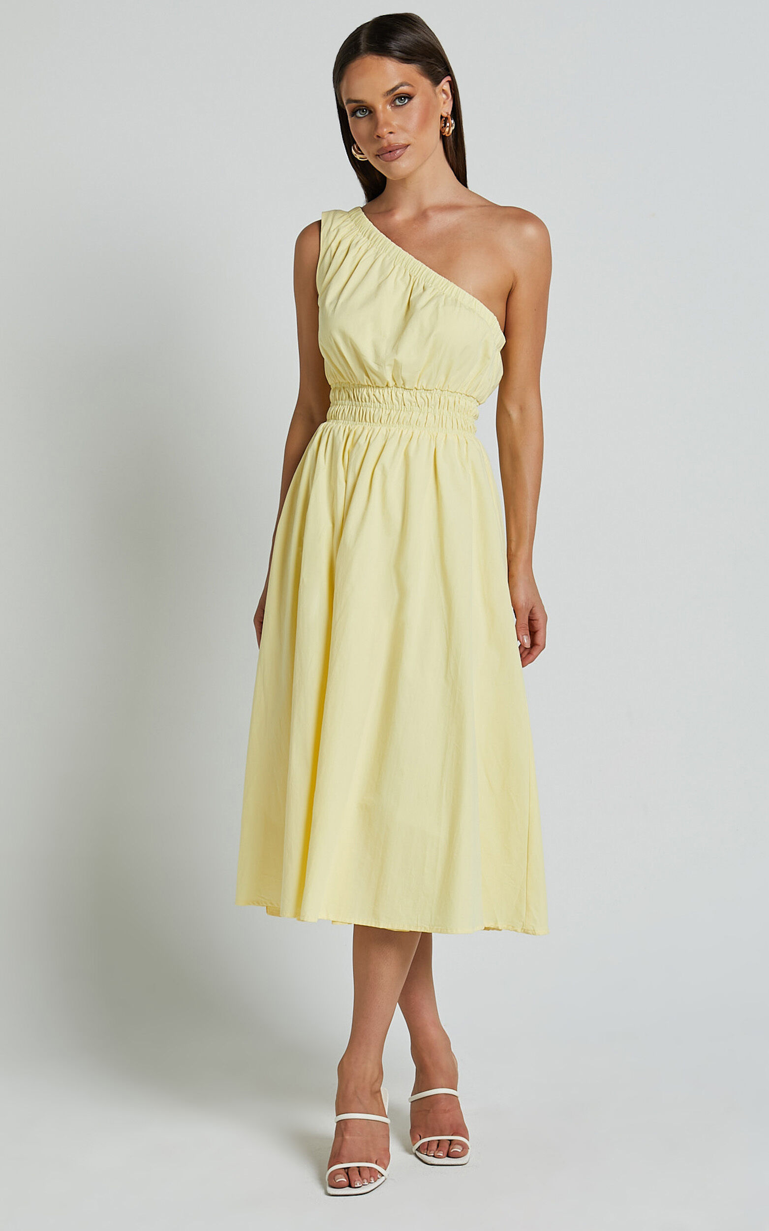 Yulia Midi Dress - One Shoulder Shirred Waist Dress in Lemon