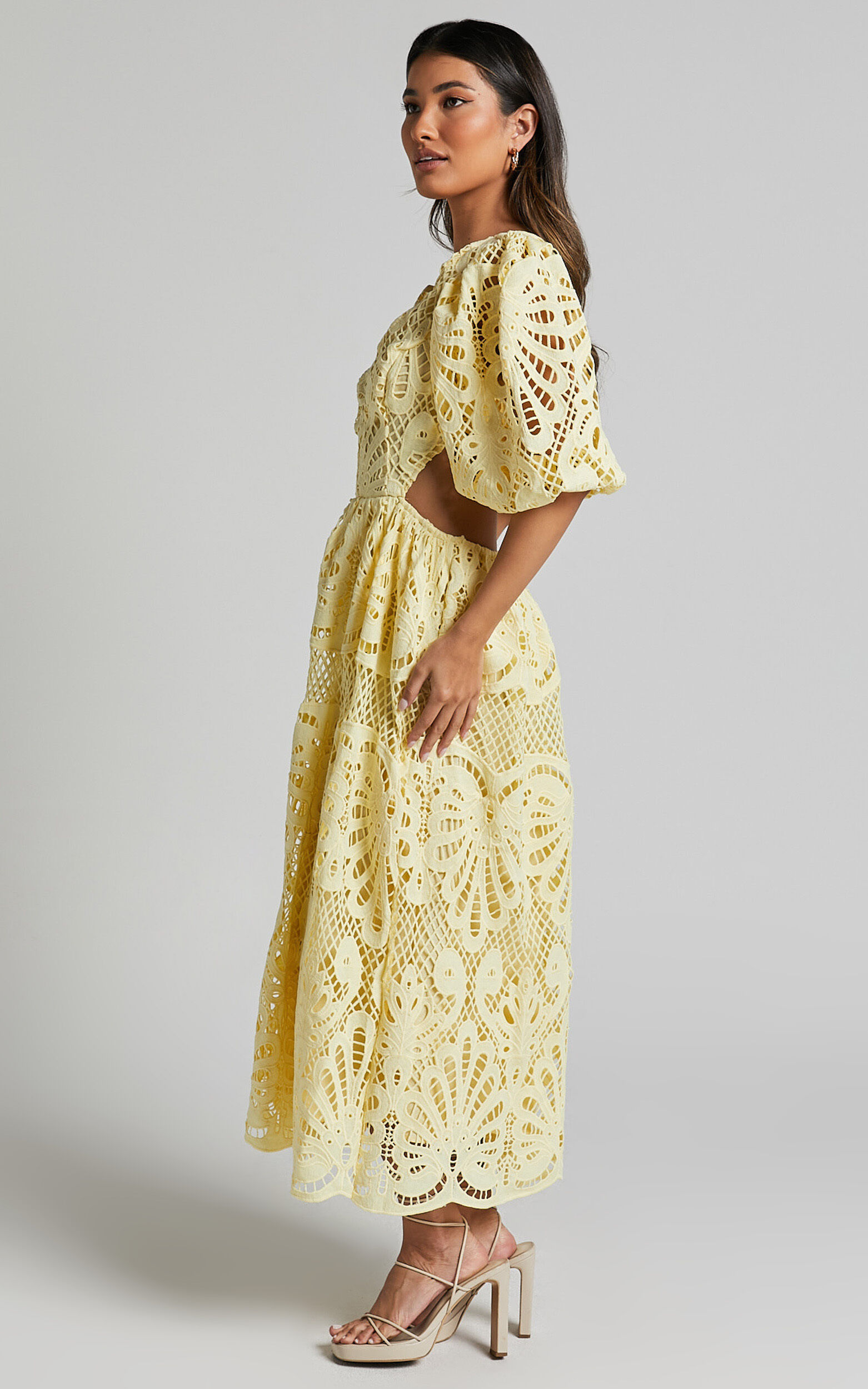 Anieshaya Midi Dress - V Neck Cut Out Lace Dress in Lemon