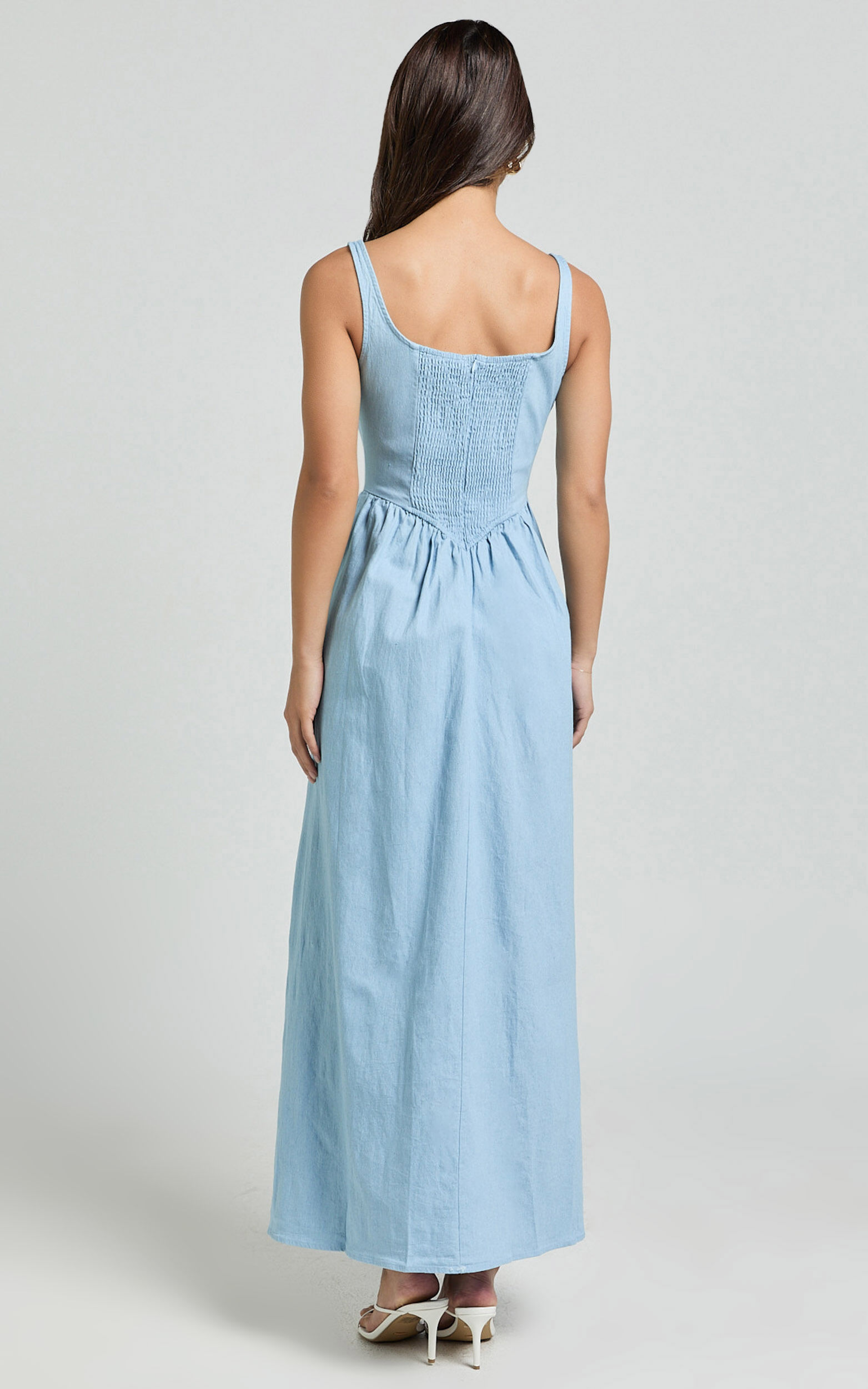 Rhaziya Midi Dress - Sleeveless Straight Neck Fit and Flare Dress in Blue