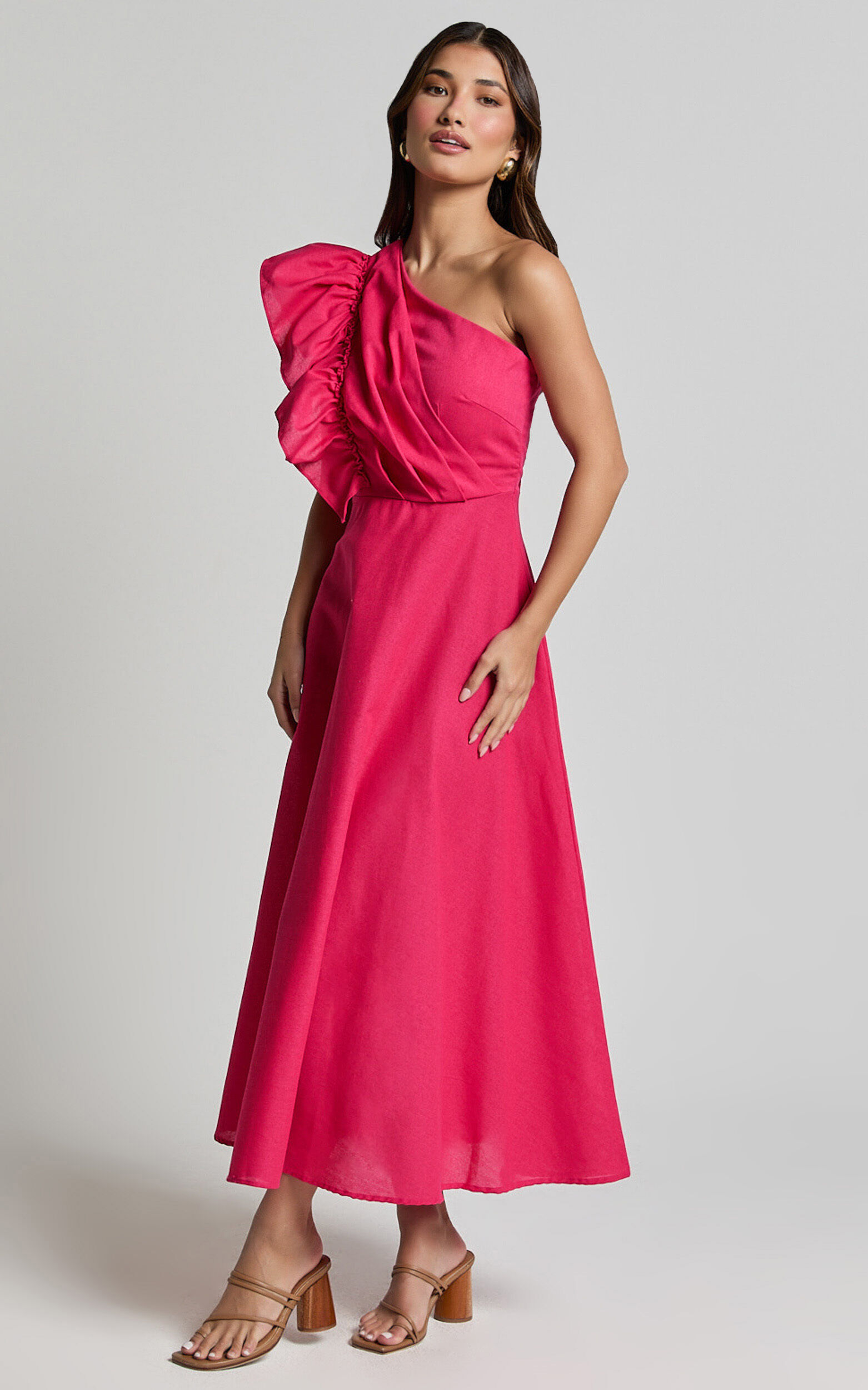 Dixie Midi Dress - Linen Look One Shoulder Ruffle Dress in Raspberry