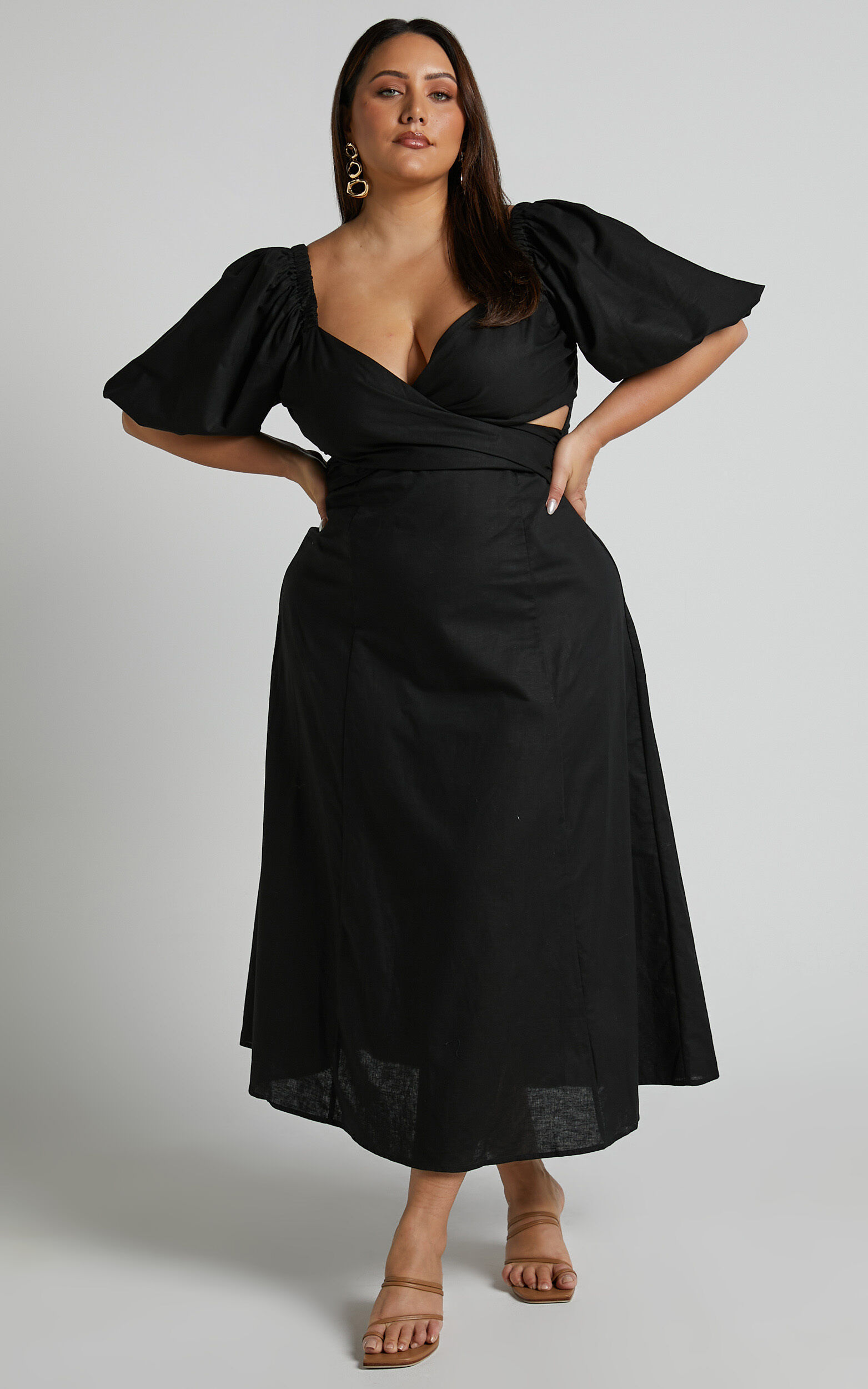 Amalie The Label - Janae Linen Blend Puff Sleeve Cut Out Midi Dress in Black