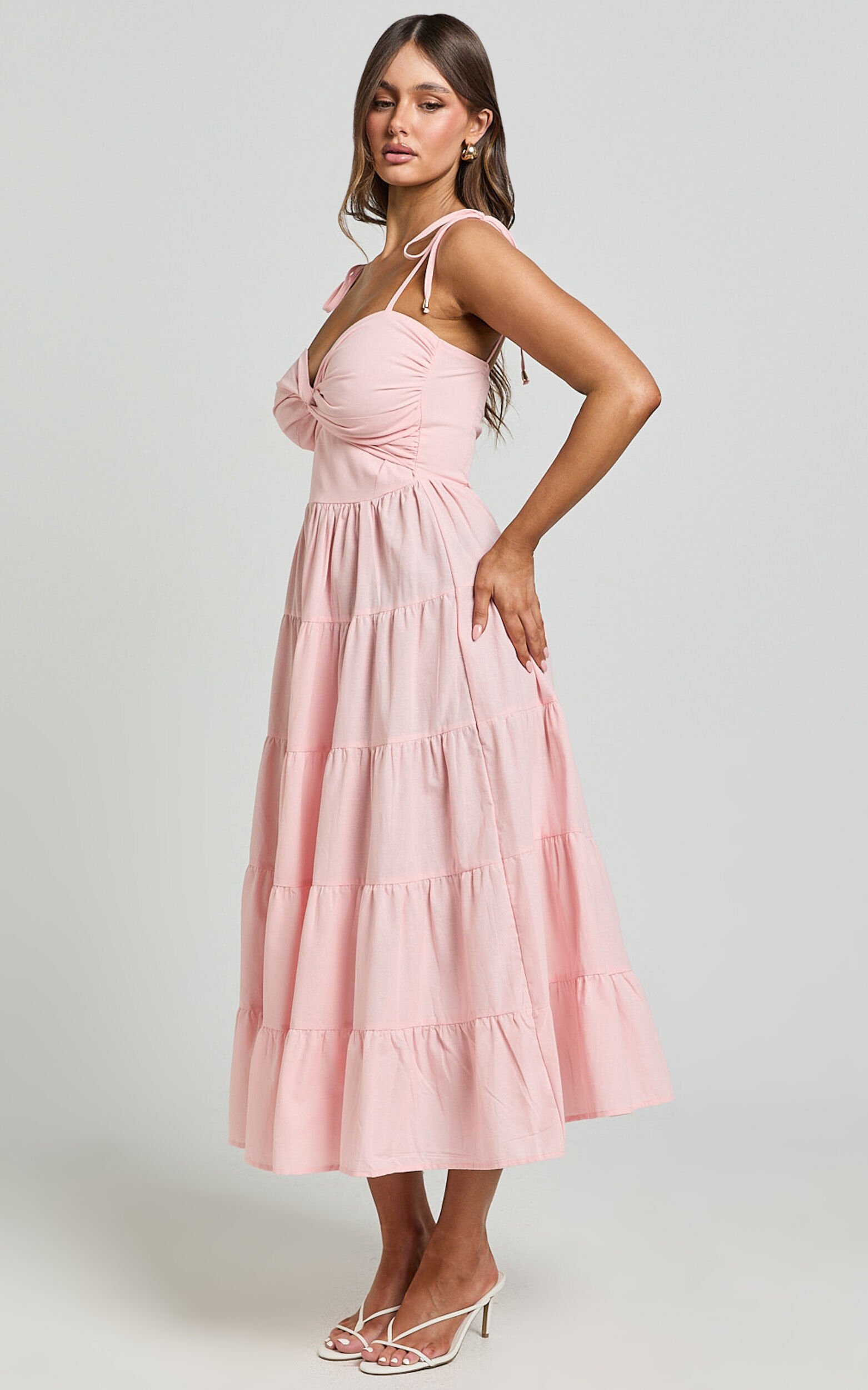 Leticia Midi Dress - Twist Front Tie Strap Tiered Dress in Soft Pink
