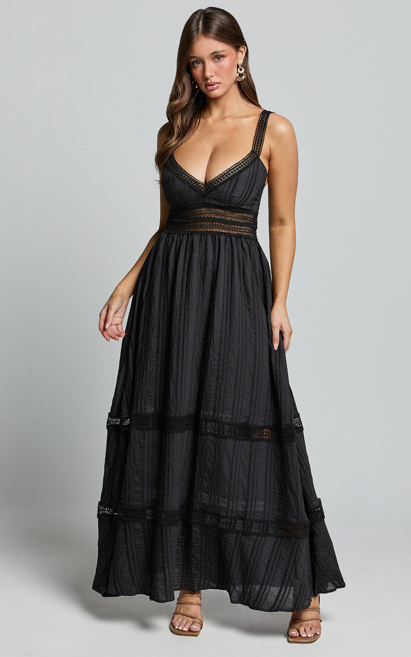 Angelique Maxi Dress - Lace Trim Dress in Black