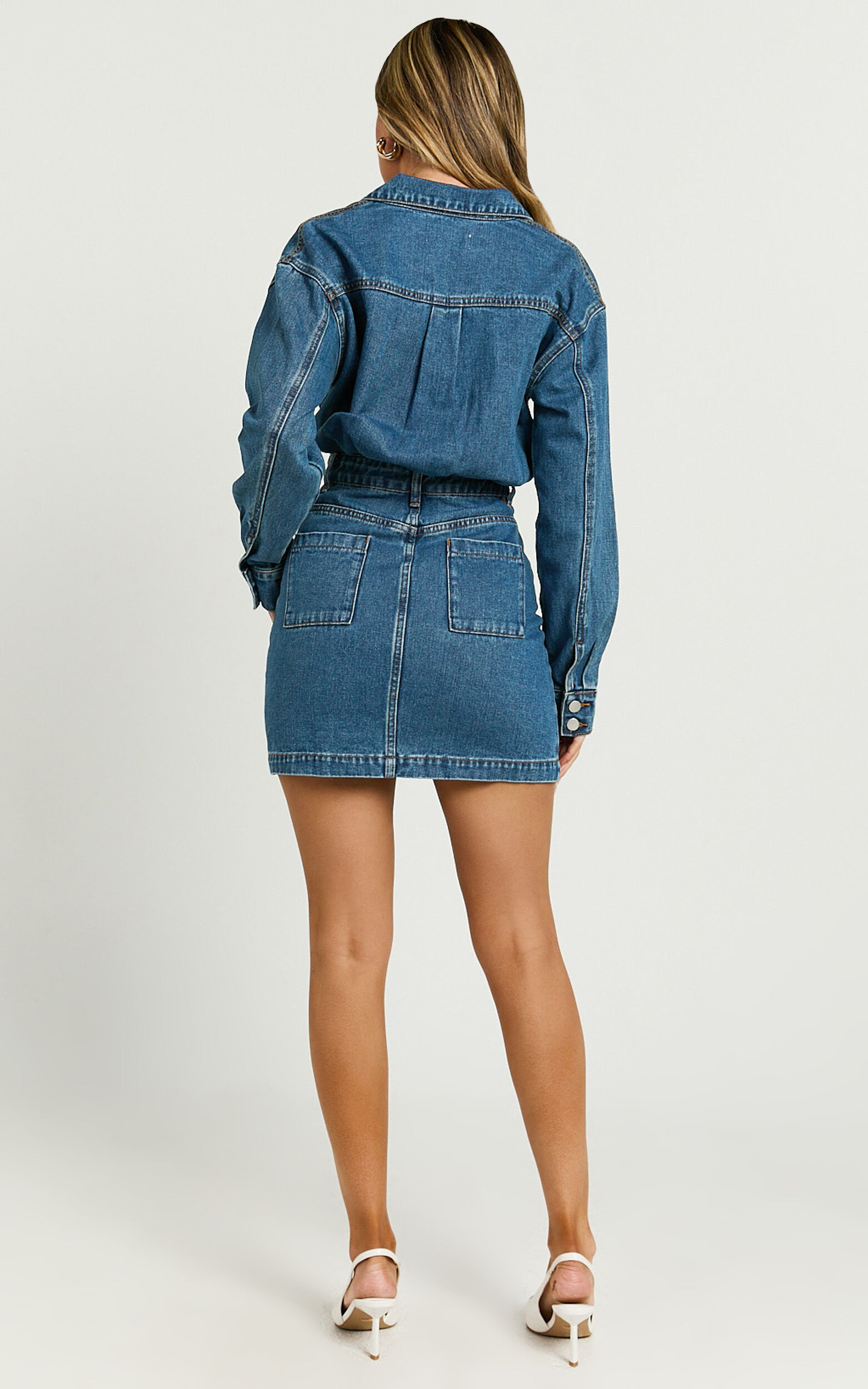 Kamala Mini Dress - Long Sleeve Button Through Denim Dress in Dark Blue Wash