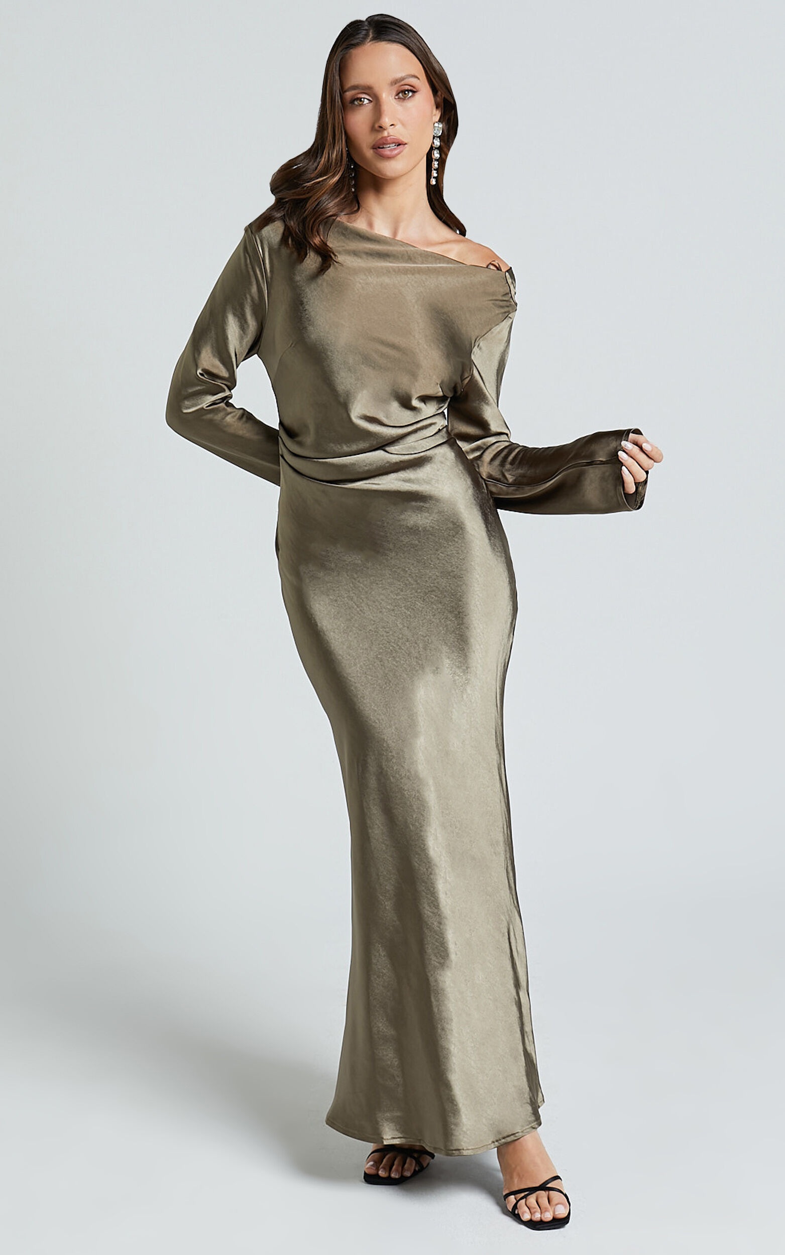 Arriana Midi Dress - Long Sleeve Cowl Back Satin Dress in Dark Olive