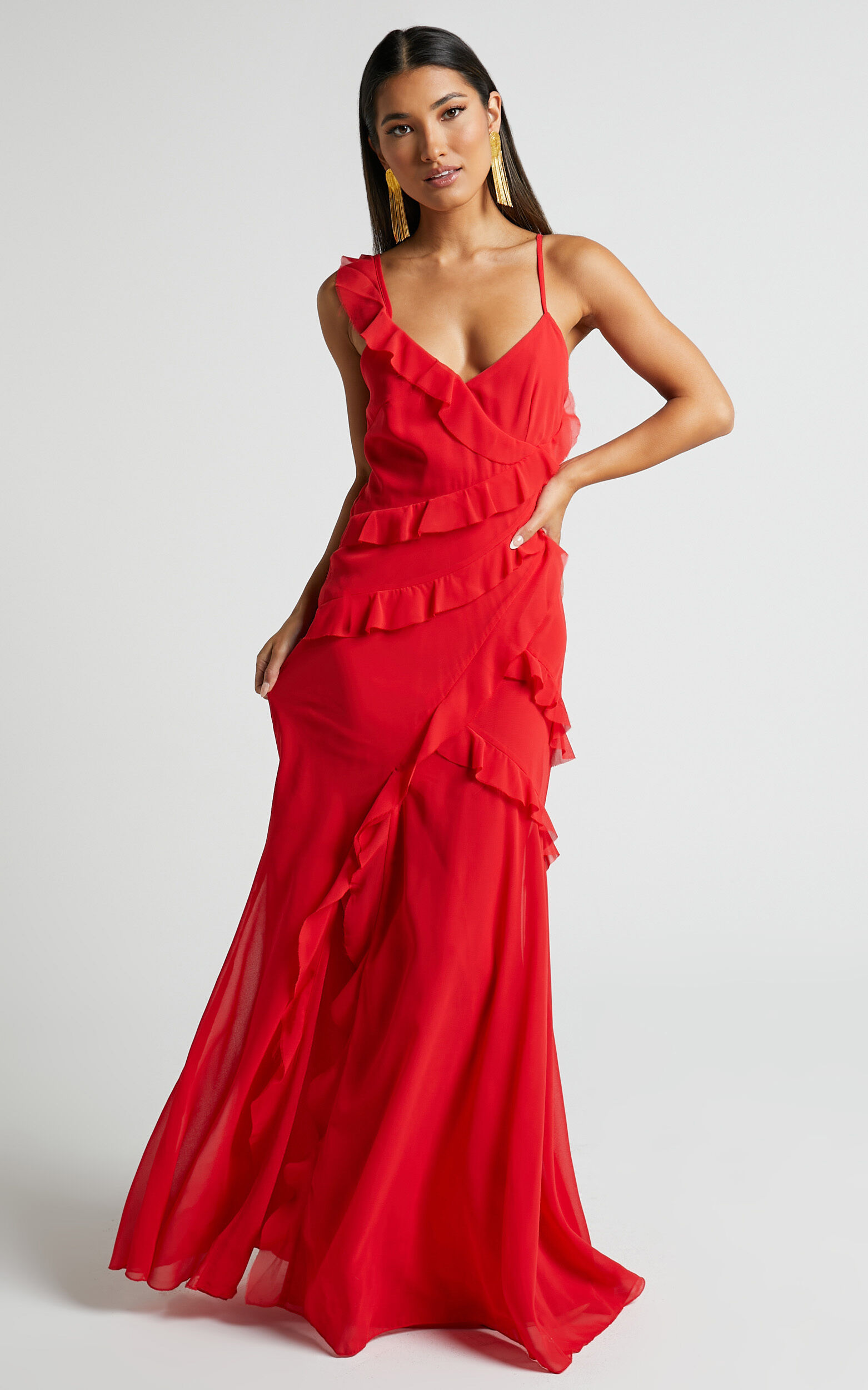 Nitha Maxi Dress - Asymmetrical Frill Thigh Split Dress in Red
