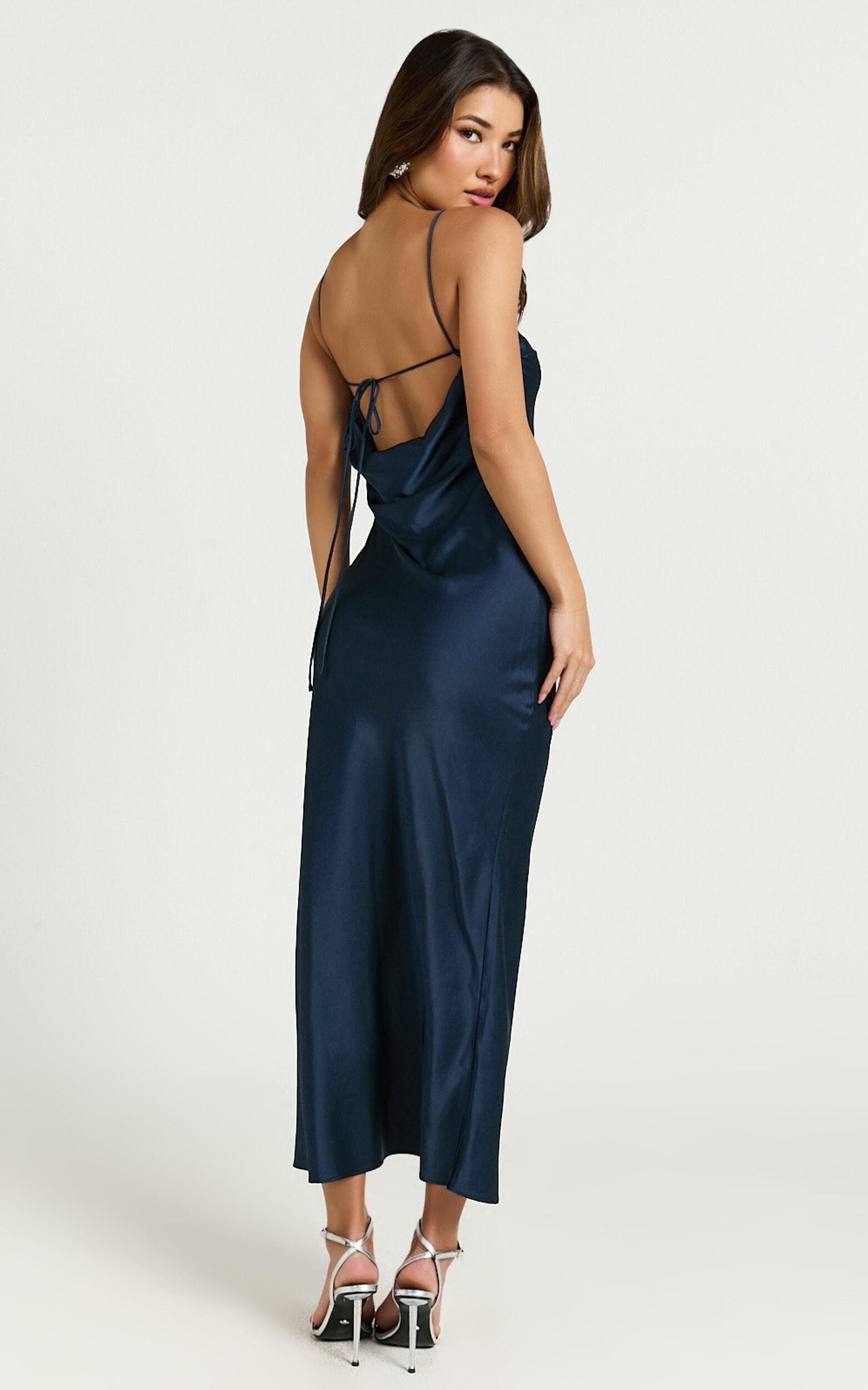 Lacie Midi Dress - V Neck Leg Split Low Back dress in Navy