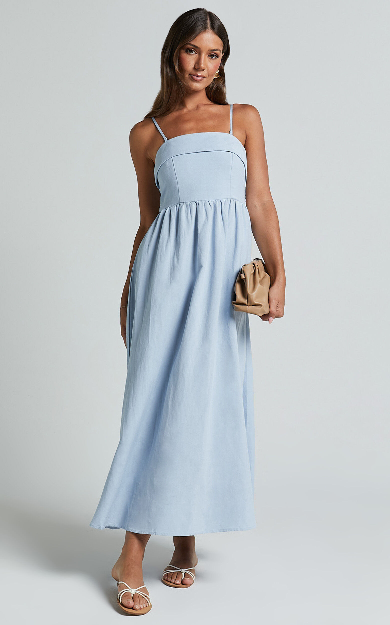 Carlyn Midi Dress - Linen Detachable Straps in Blue