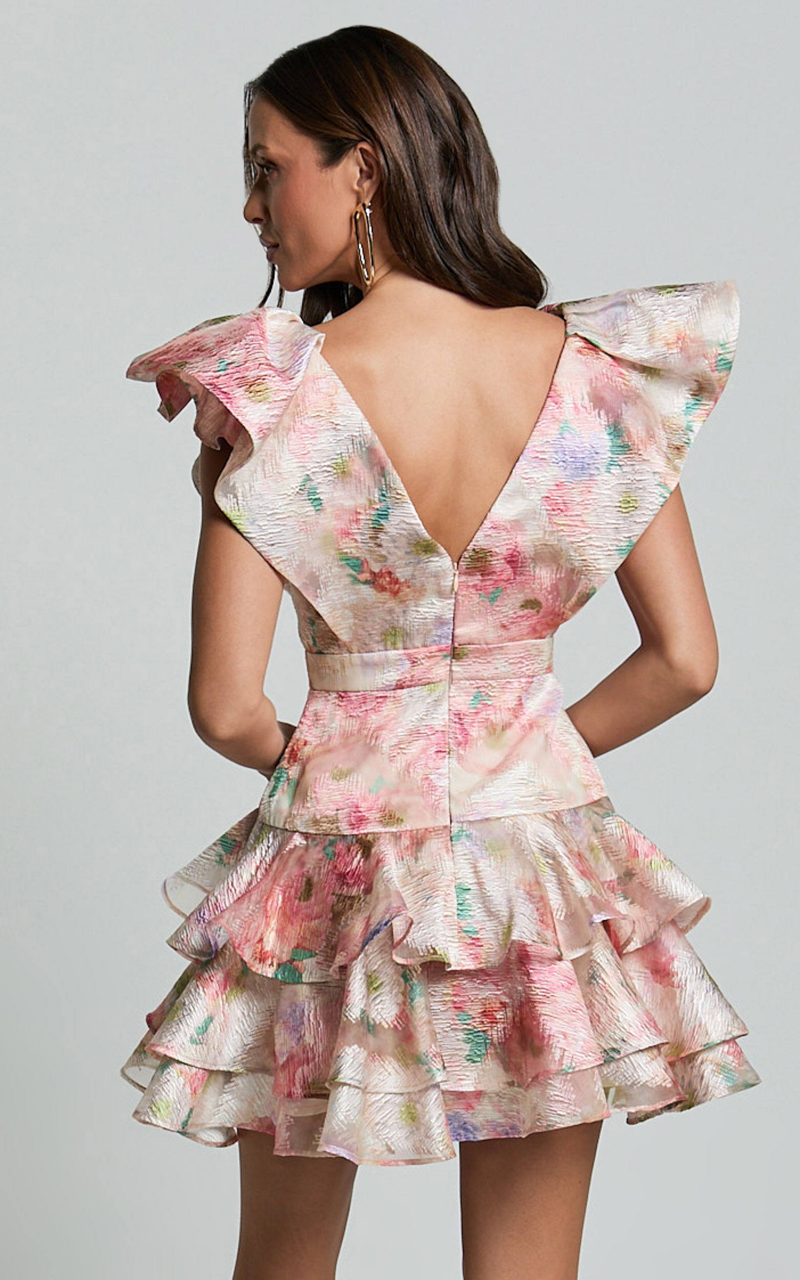 Amalie The Label - Layla Jacquard Flutter Sleeve Tiered Mini Dress in Blush