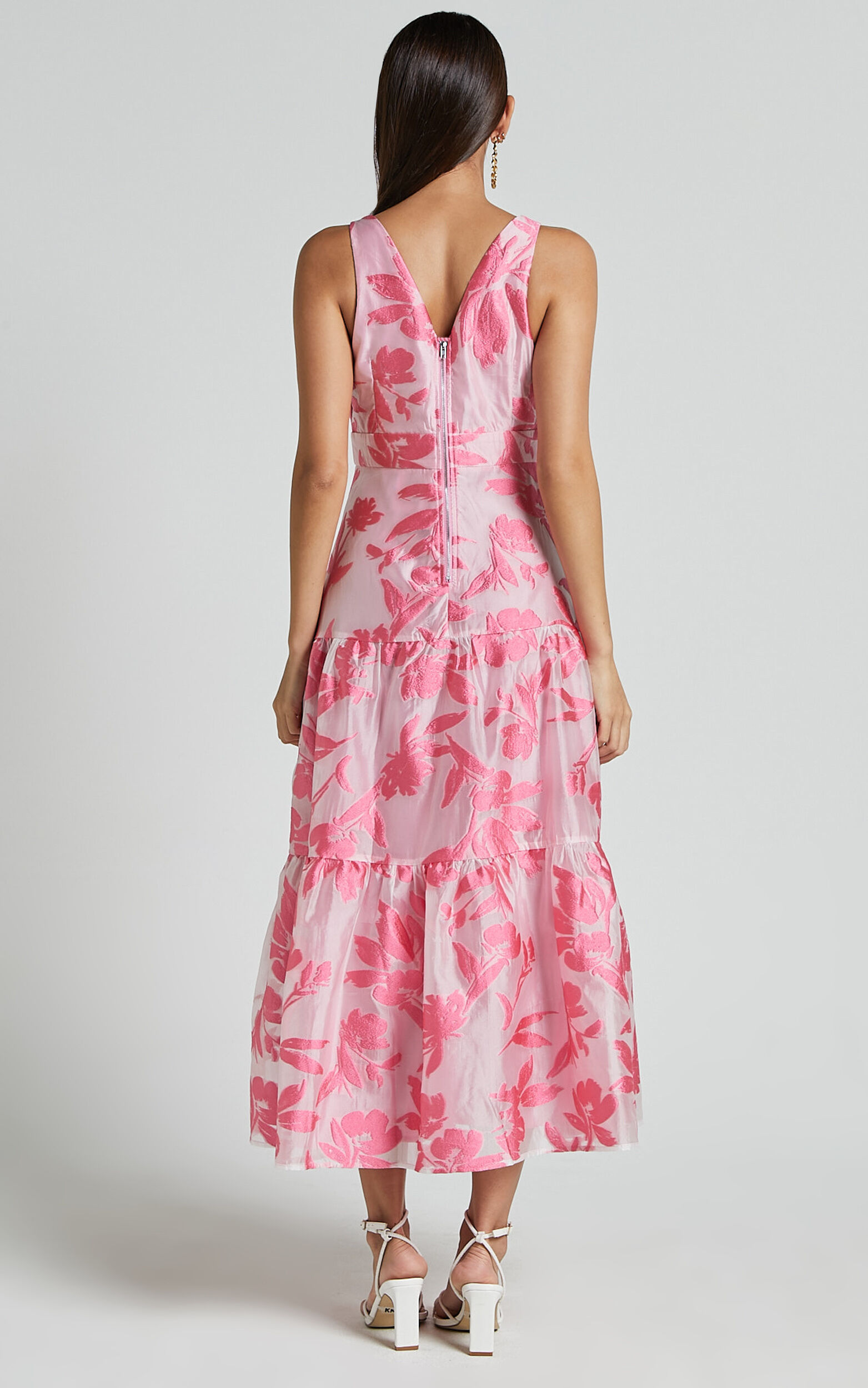 Reba Midi Dress - V Neck Tiered Jacquard Dress in Pink