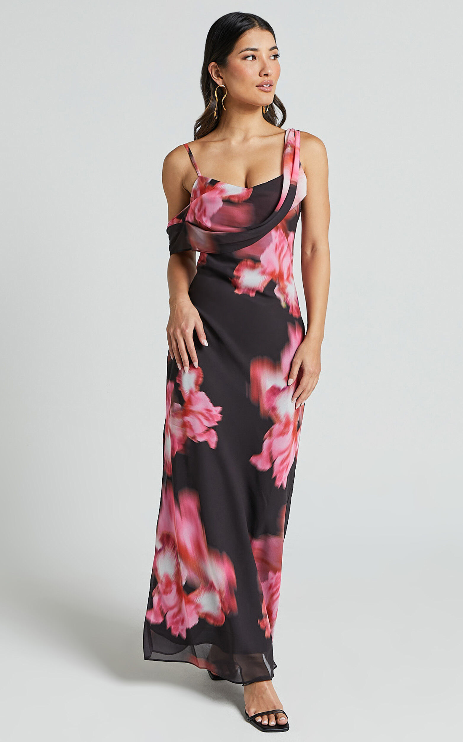 Jeanie Maxi Dress - Cowl Neck One Shoulder Slip Dress in Daze Print