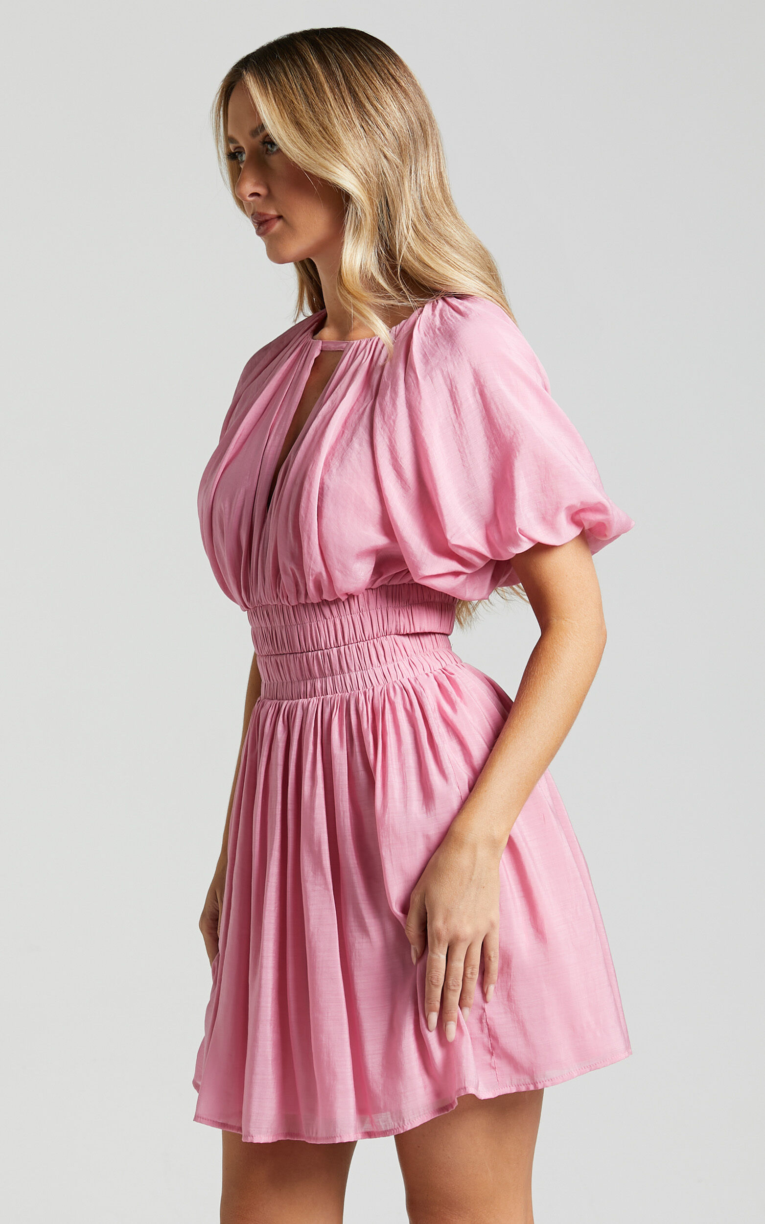 Michalka Mini Dress - Blouson Puff Sleeve Elasticised Waist in Pink