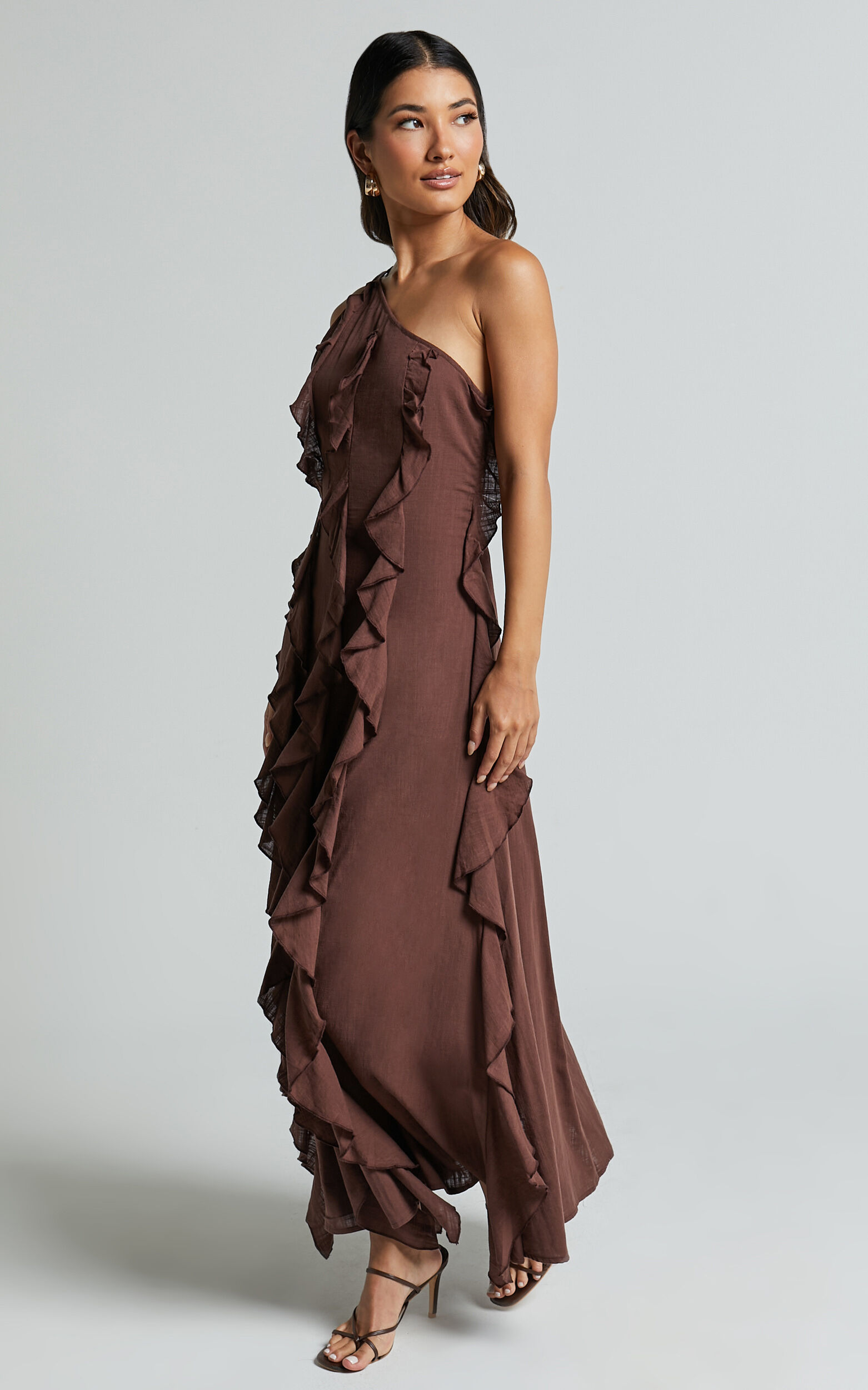 Britney Maxi Linen Dress - One Shoulder Ruffle Detail Dress in Chocolate