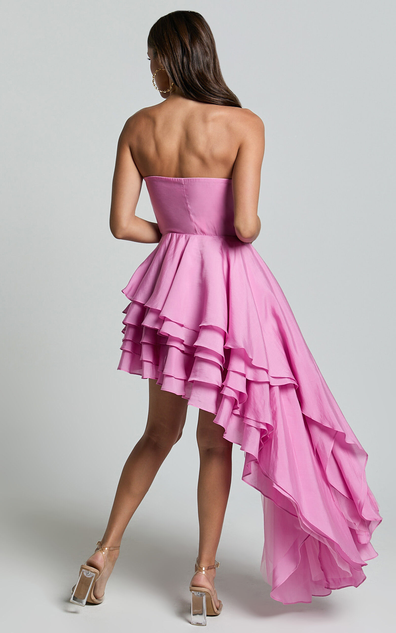 Amalie The Label - Everly Strapless Asymmetrical Tiered Mini Dress in Pink