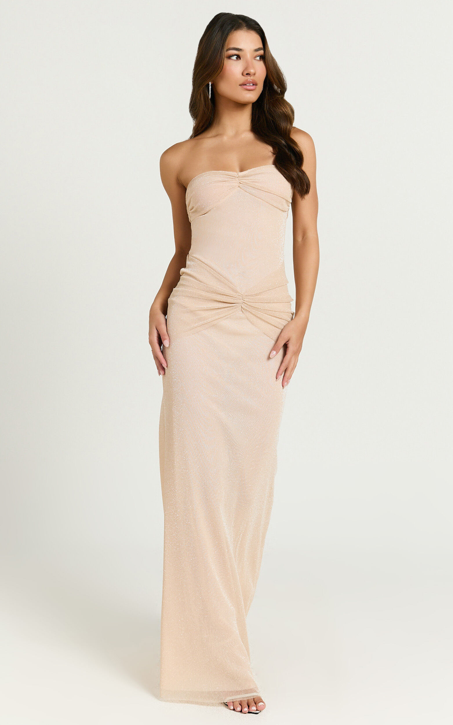 Uma Maxi Dress - Glitter Tulle Strapless Ruched Side Dress in Nude