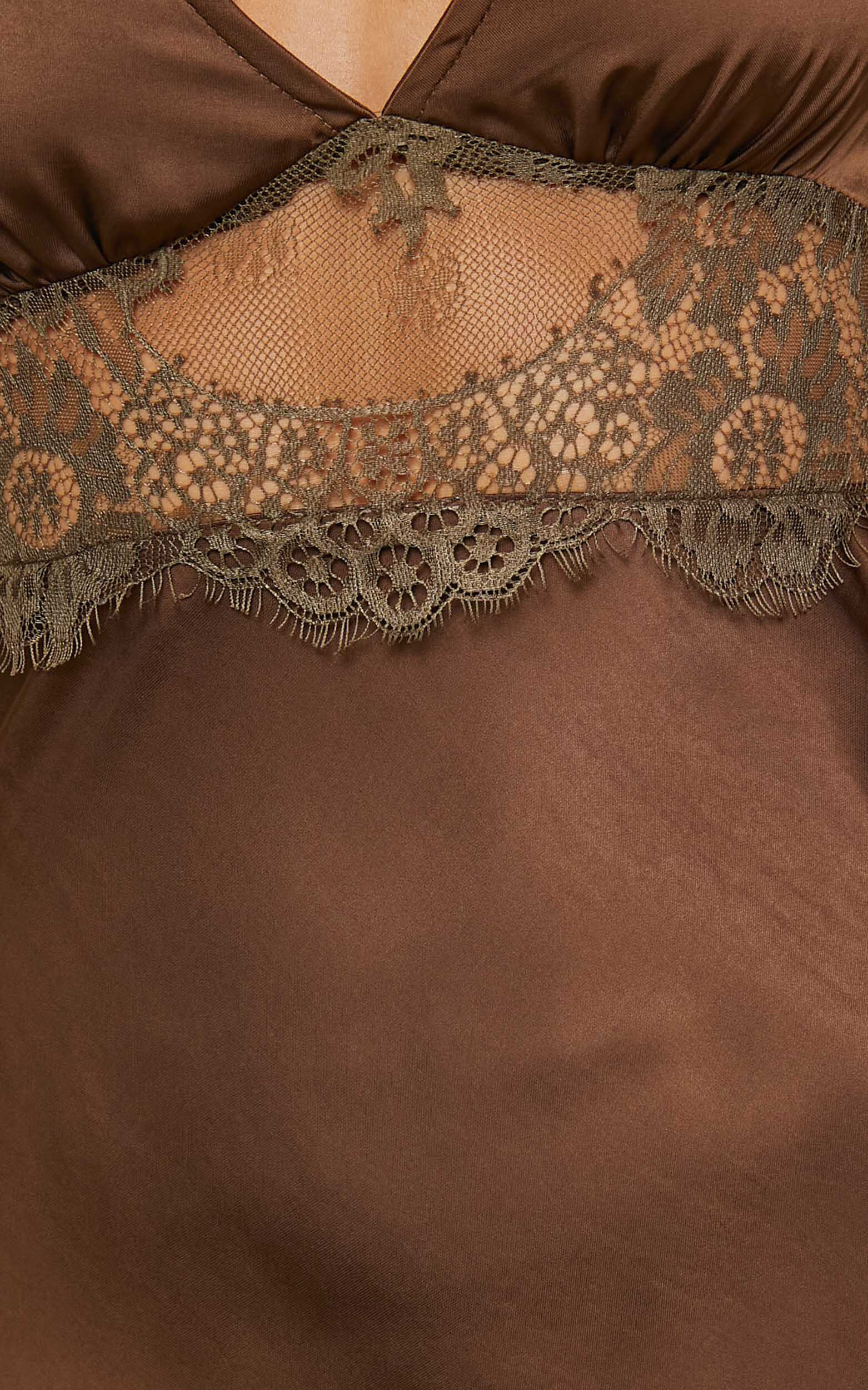 Juliet Midi Dress - V Neck Lace Insert Satin Slip Dress in Chocolate