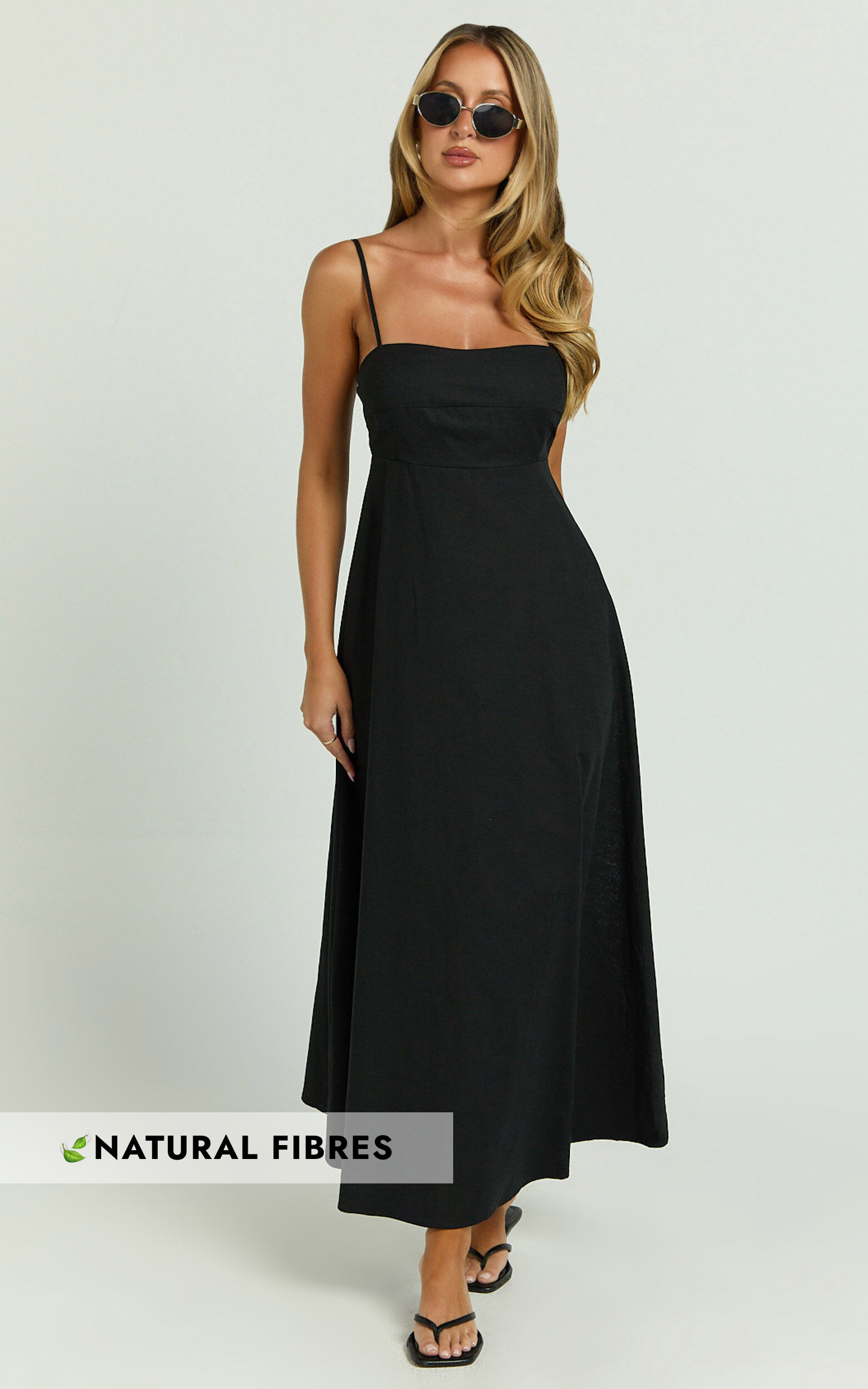 Brette Midi Dress - Linen Straight Neck Strappy Fit And Flare Dress in Black