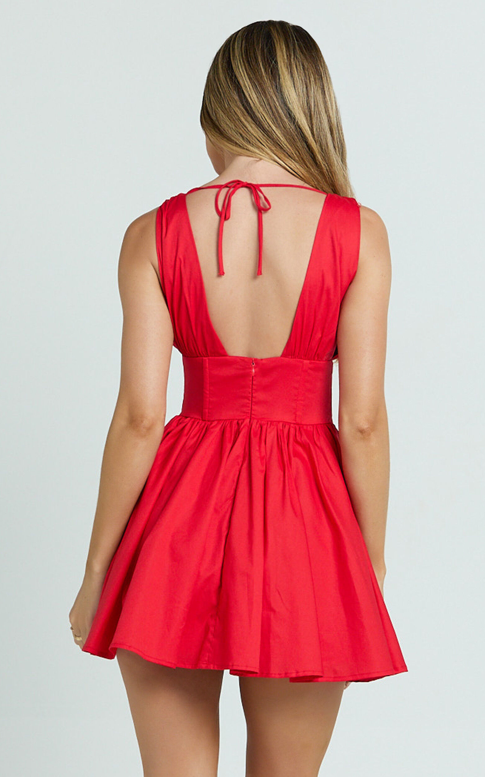 Madeline Mini Dress - V Neck Corset Waist Gathered Full Skirt Dress in Red