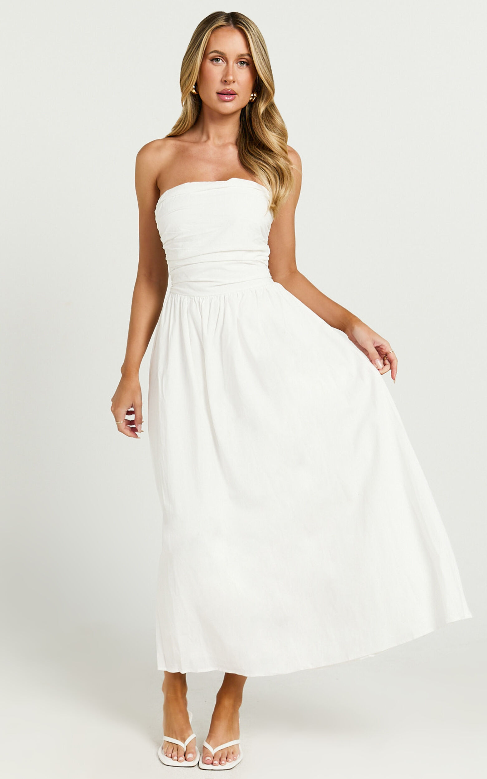 Polly Midi Dress - Strapless Ruched Dress in White