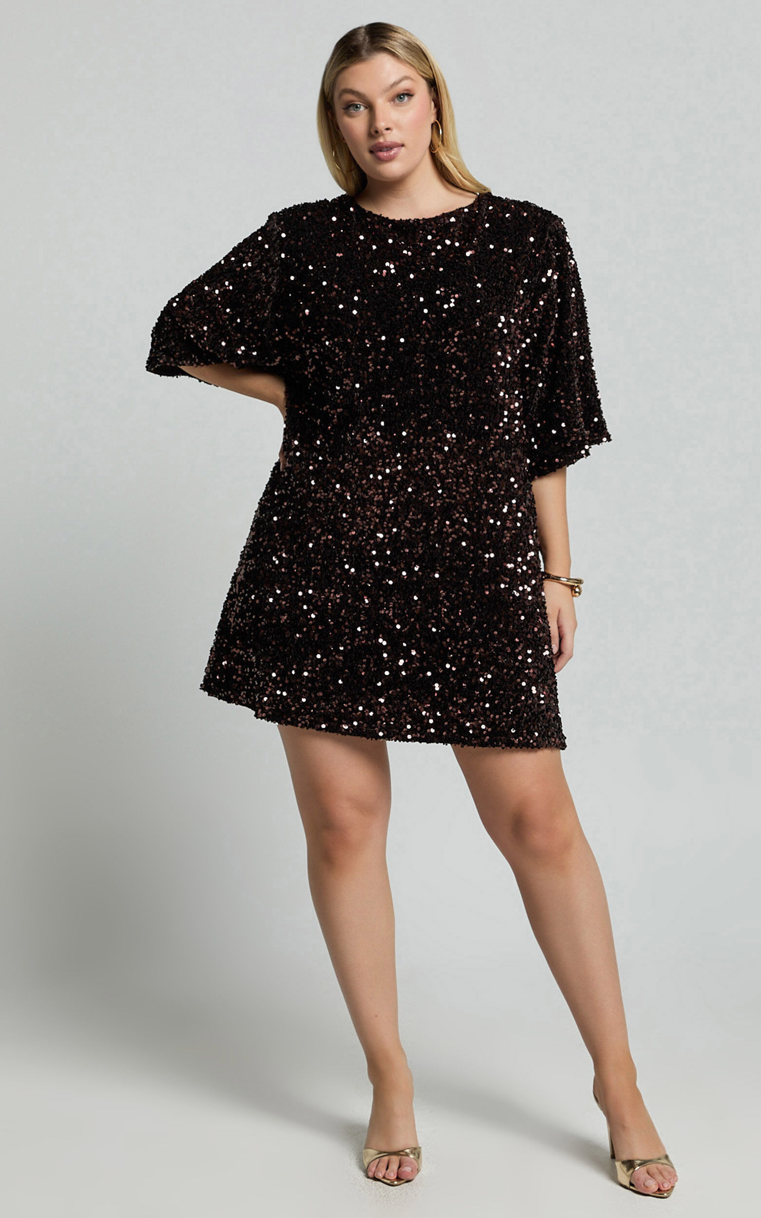 Valetta Mini Dress - Sequin low back shift dress in Chocolate