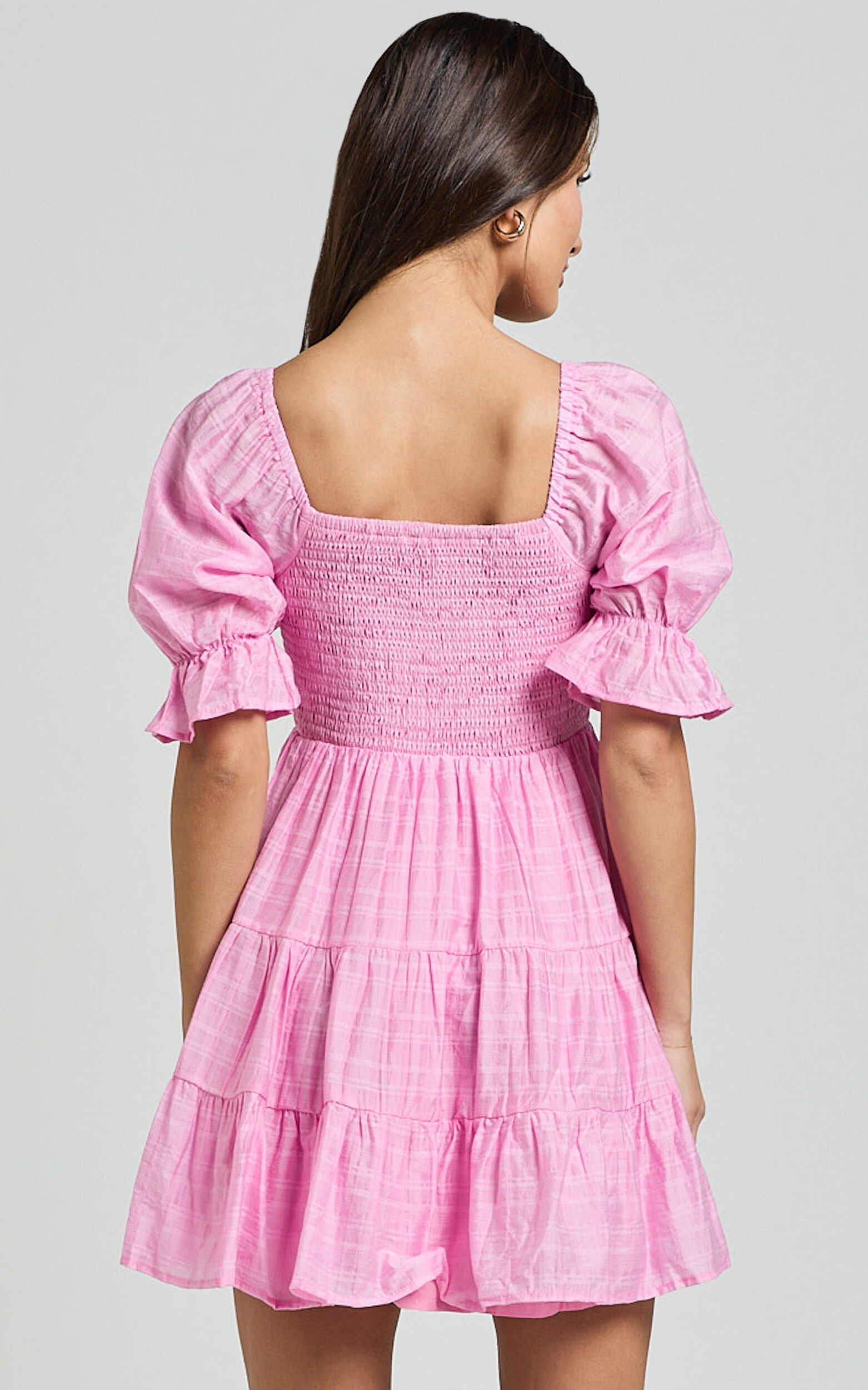 Britany Mini Dress - Shirred Puff Sleeve Tiered Dress in Pink