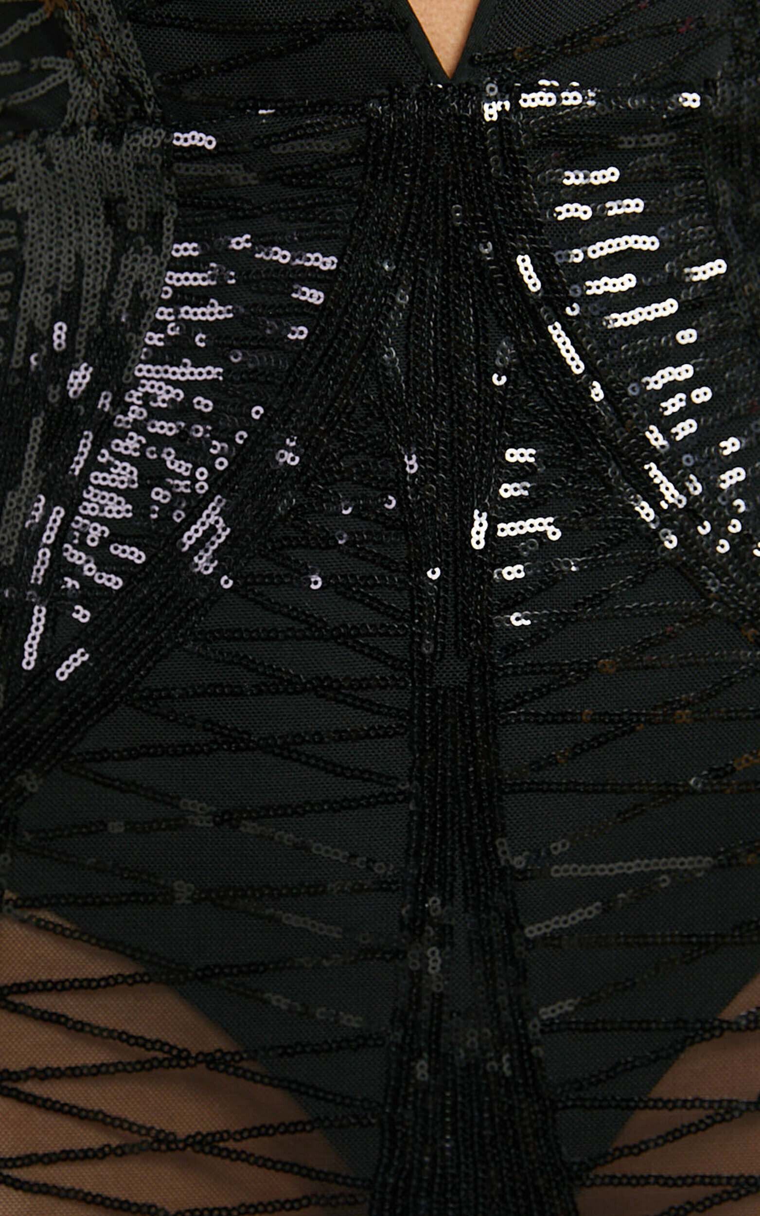 Bibi Maxi Dress - Sequin Plunge Neck Low Back Dress in Black